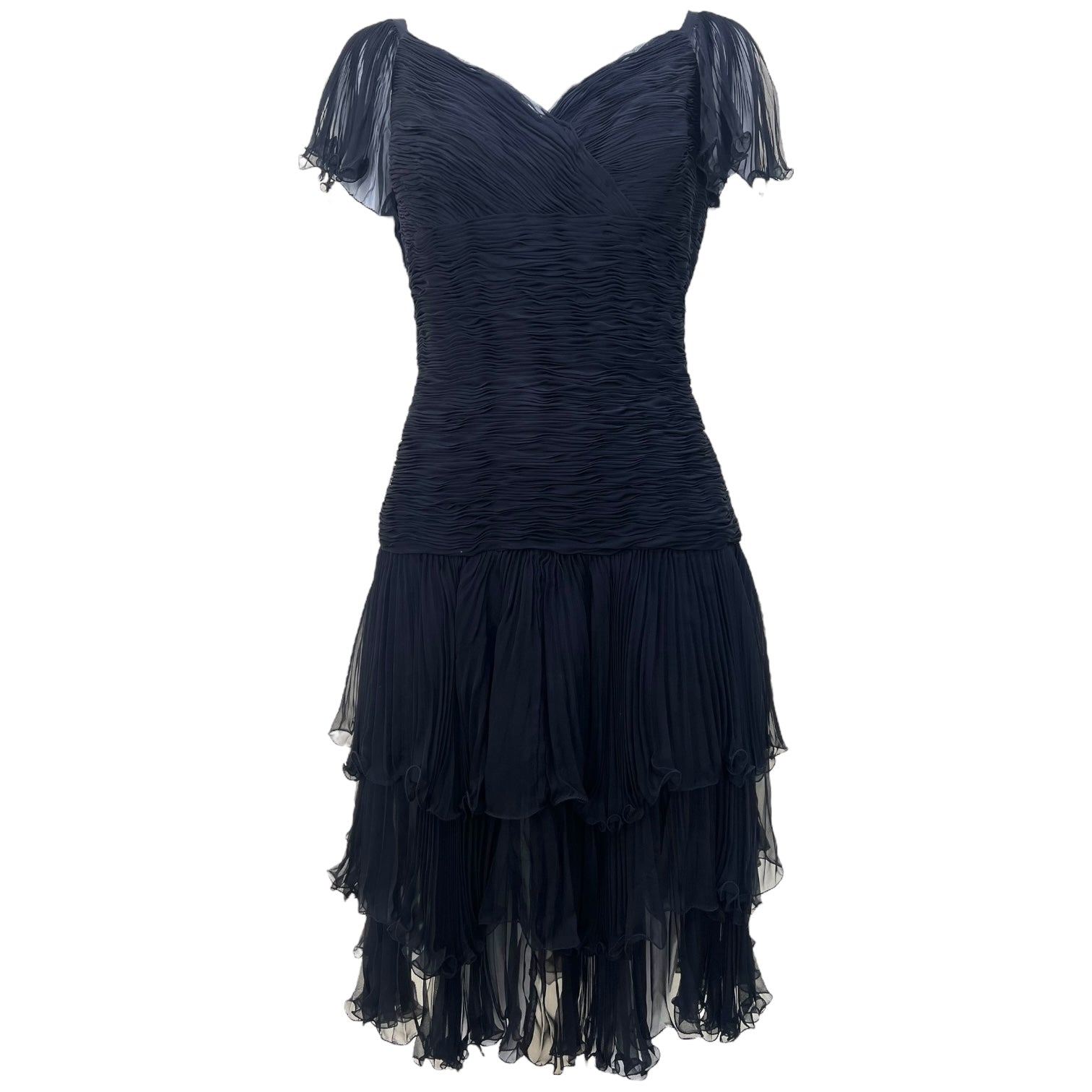 Valentino S/S 1990 Ruched Frilly Tiered Black Silk Chiffon Dress