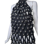 Alaia Winter 2022 Black Hooded Net Jersey Dress with Chrome Bauble Studs, detail top 