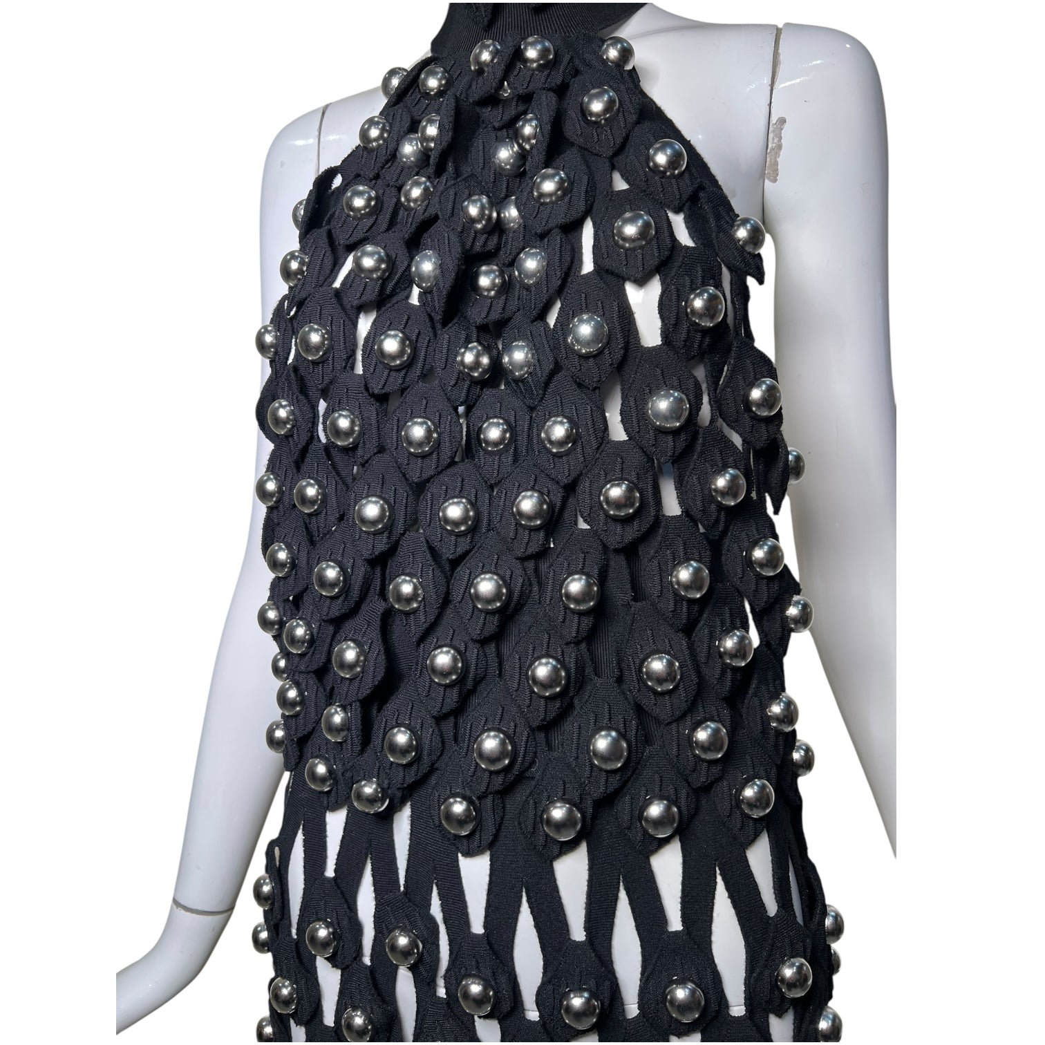 Alaia Winter 2022 Black Hooded Net Jersey Dress with Chrome Bauble Studs, detail top 