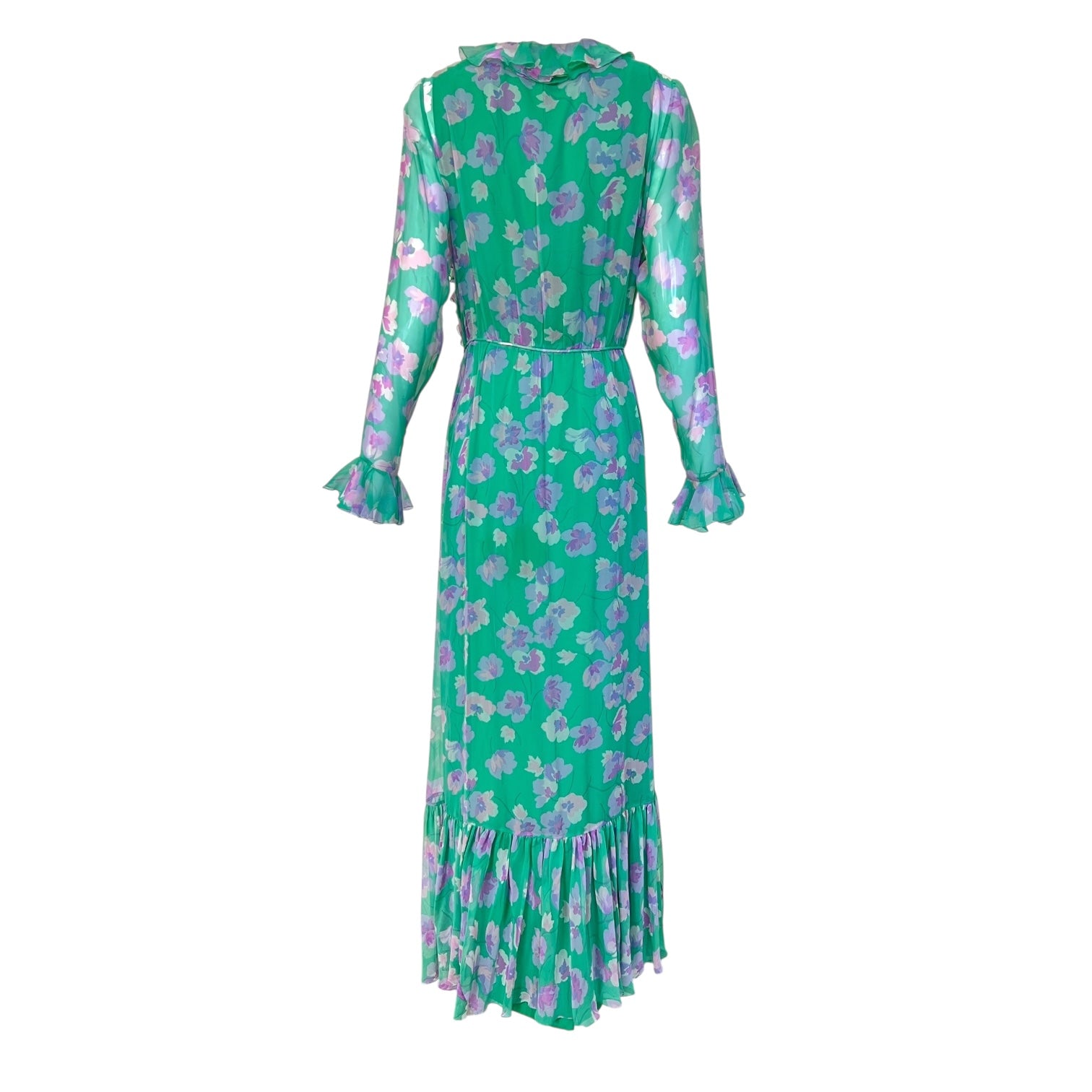 1970's Green Silk Chiffon Floral Maxi Dress w/Ruffles, back