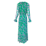 1970's Green Silk Chiffon Floral Maxi Dress w/Ruffles, back