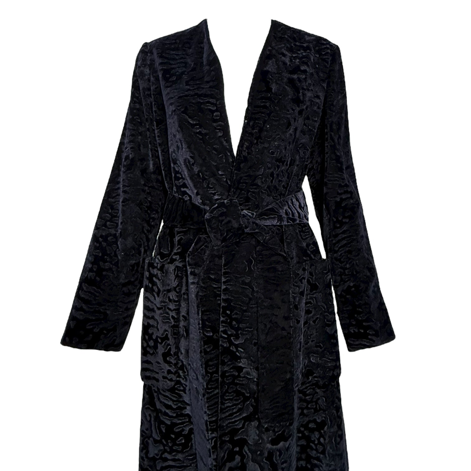 Bill Blass 1970s Black Animal Print Textured Velvet Belted Belted Coat, top half