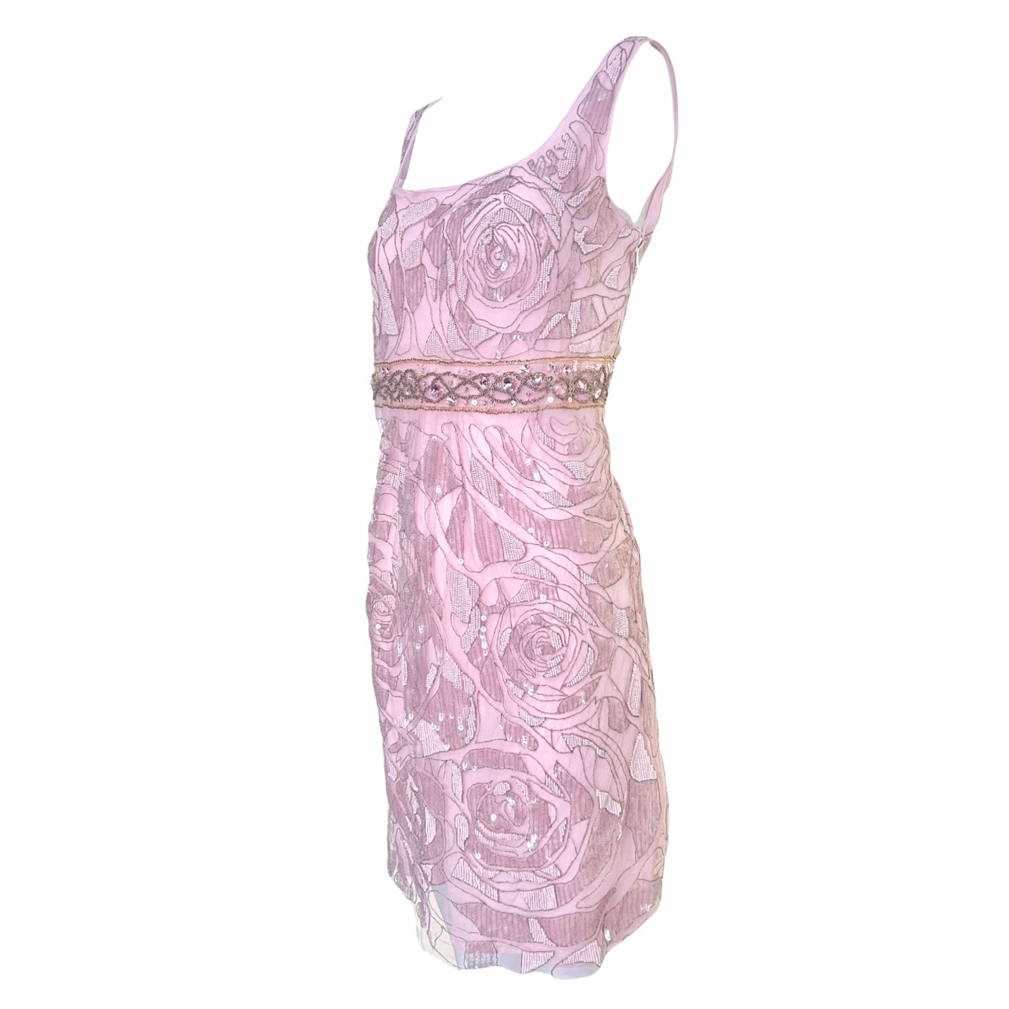 Emanuel Ungaro 2000's Rose Pink Embellished Lace and Silk Dress, side