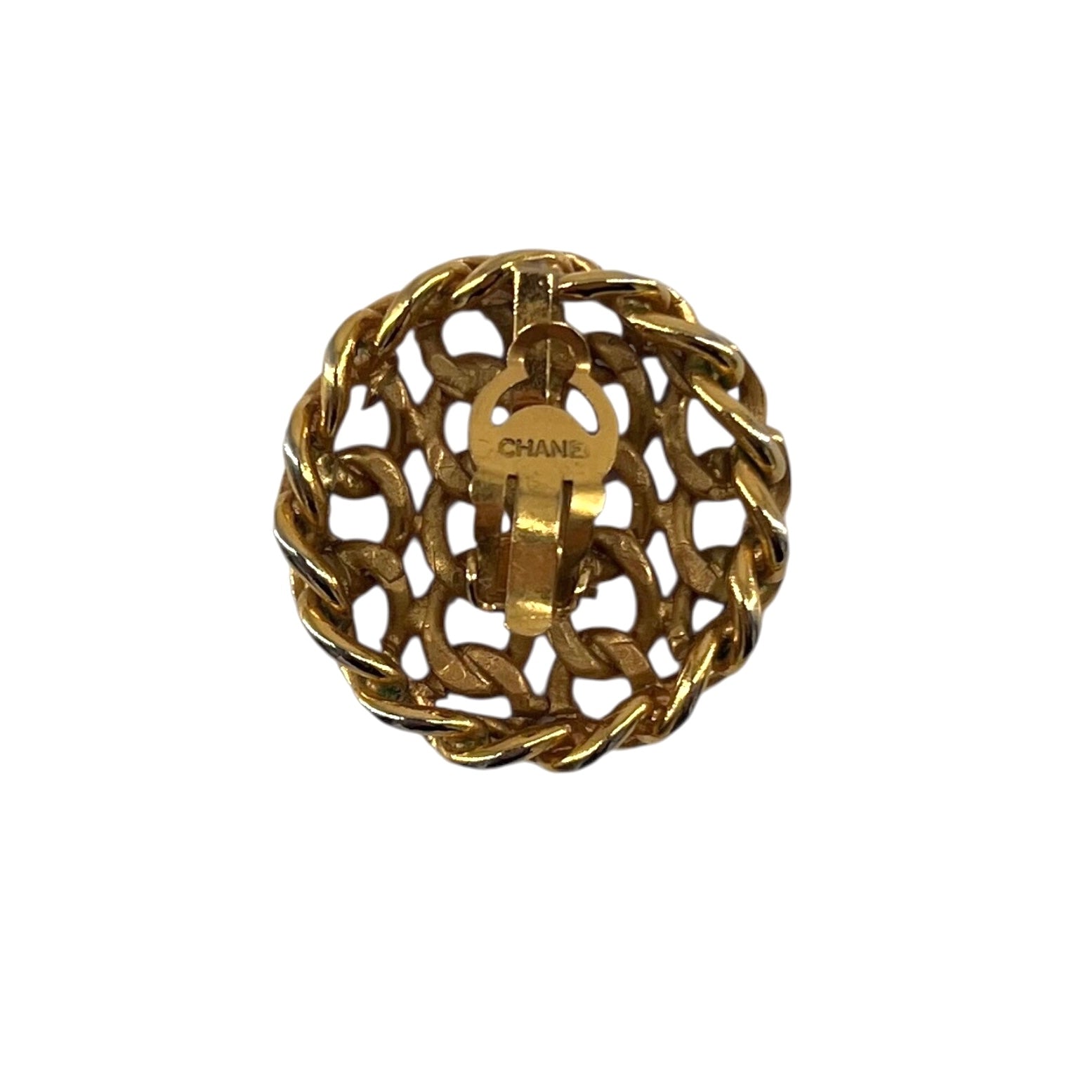 Chanel Lifetime Mid Century Gold Plated Chain Link Round Earrings, Chanel stamp 2