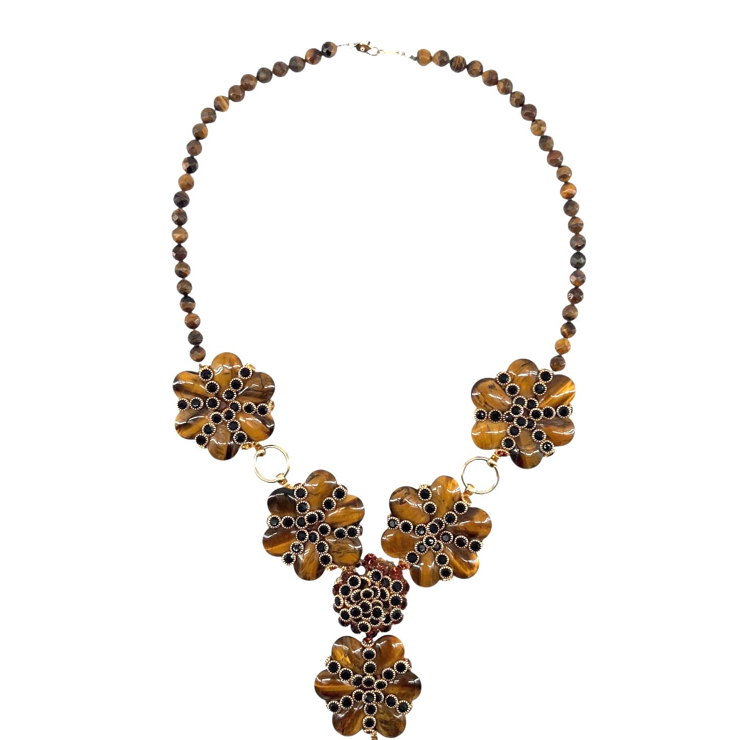 2000s Carved Tiger's Eye Floral Long Drop Down Pendant Necklace, closer