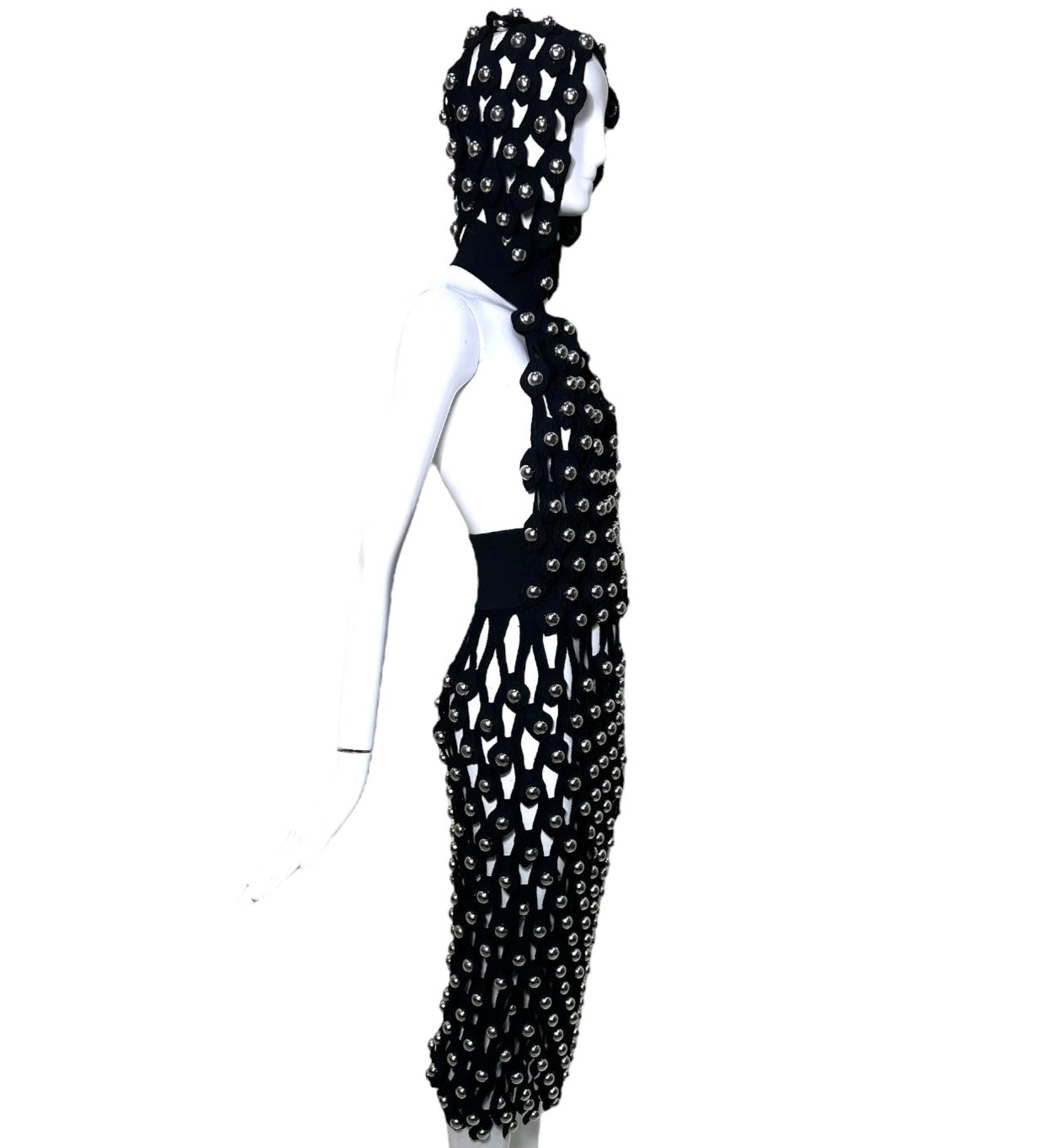 Alaia Winter 2022 Black Hooded Net Jersey Dress with Chrome Bauble Studs, side