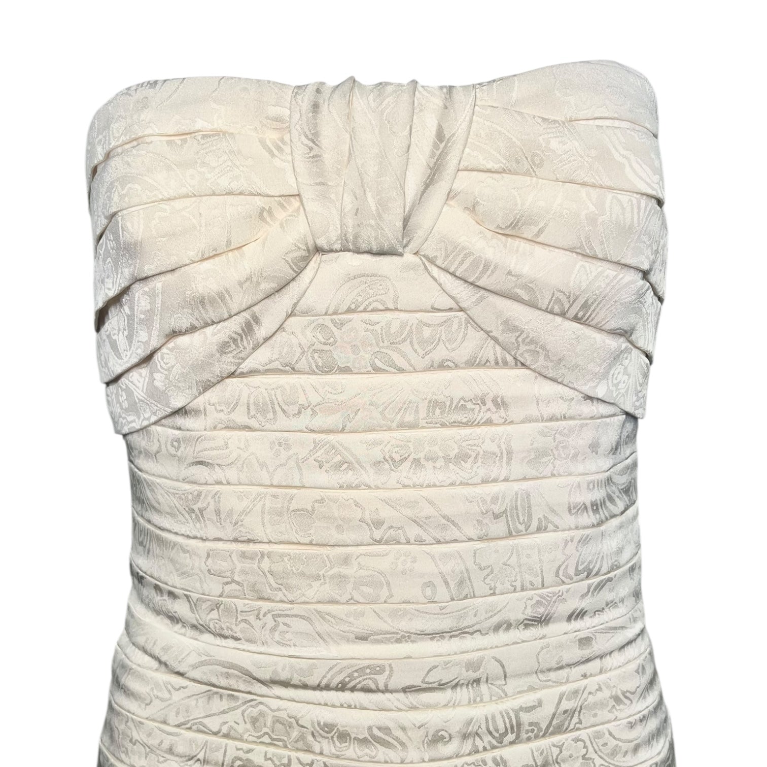 Lanvin 1980's Ivory Pleated Silk Jacquard Strapless Mini Dress, top