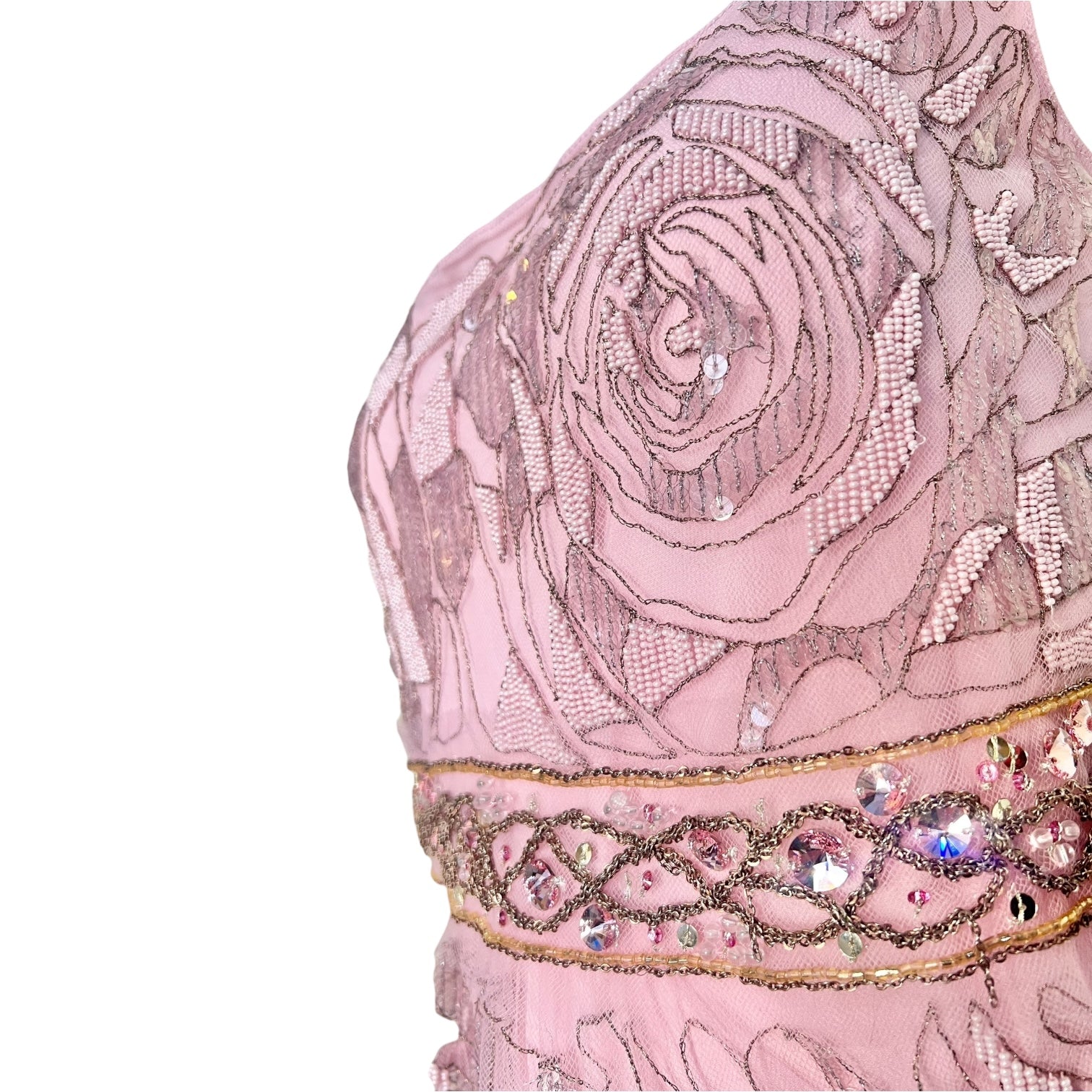 Emanuel Ungaro 2000's Rose Pink Embellished Lace and Silk Dress, side bust