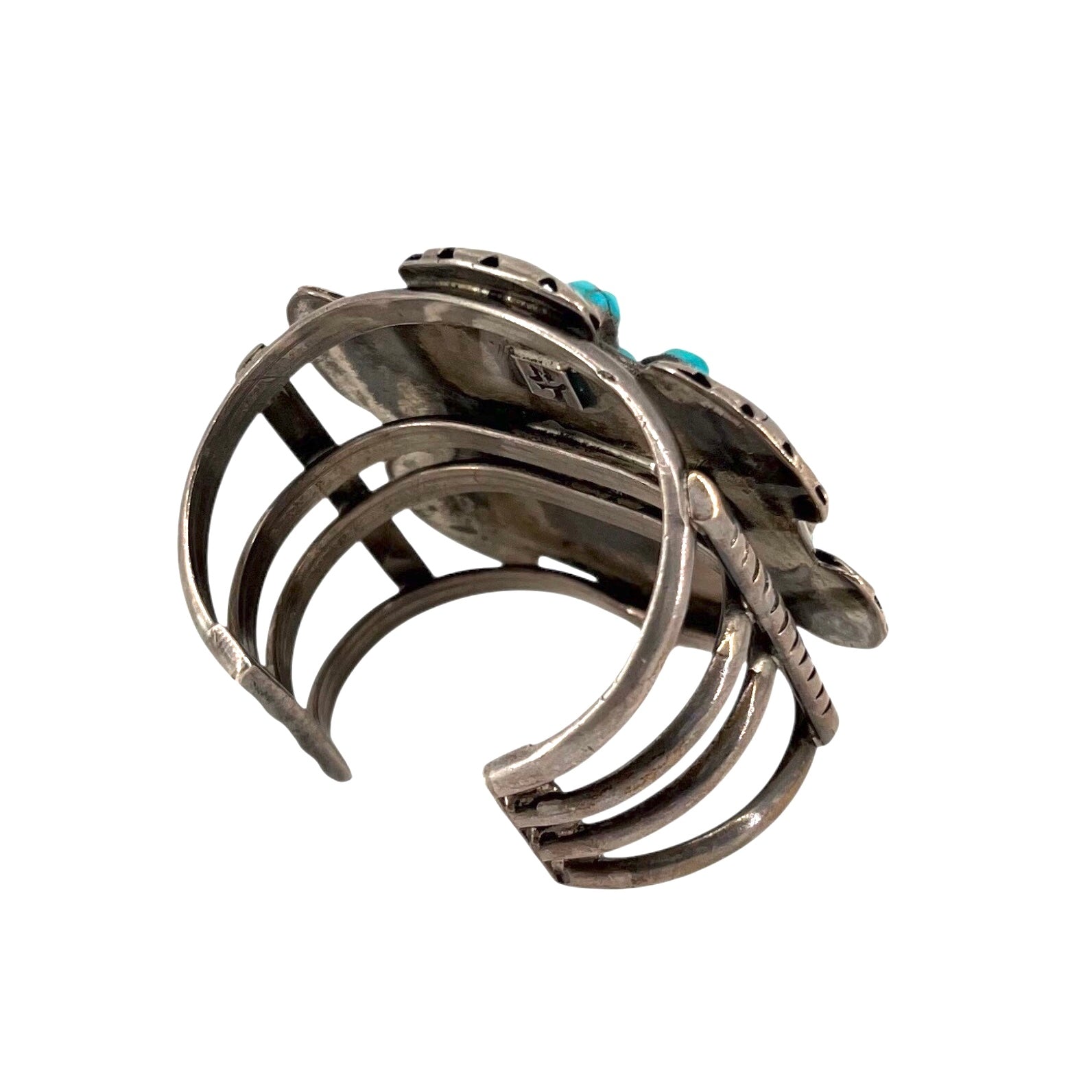 Navajo 1960's Sterling Silver with Turquoise Nuggets Cuff Bracelet, INSIDE SIDEWAYS