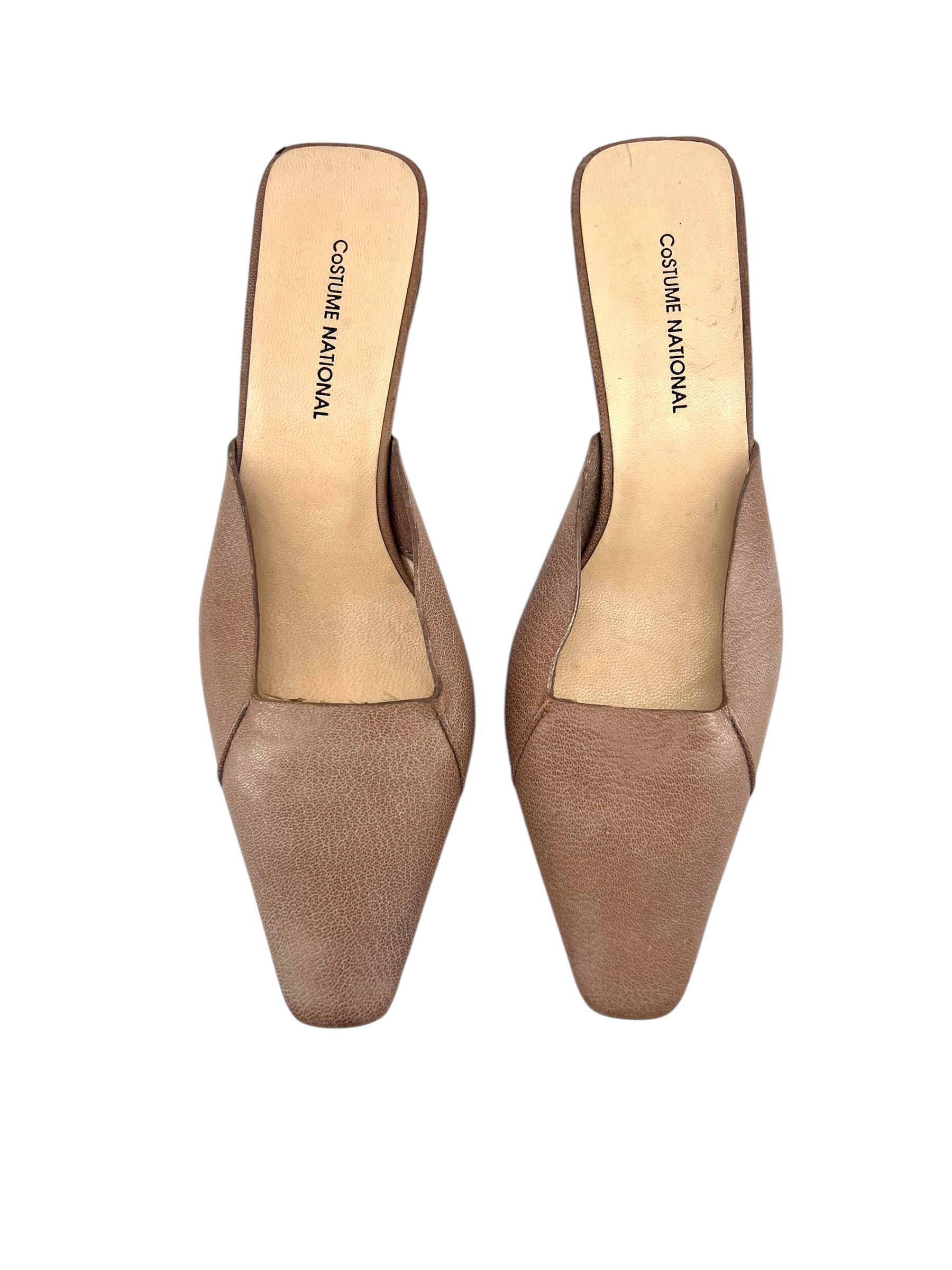Costume National Taupe Leather Minimalist Kitten Heel Mules FRONT 2/8