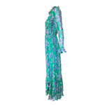1970's Green Silk Chiffon Floral Maxi Dress w/Ruffles, side