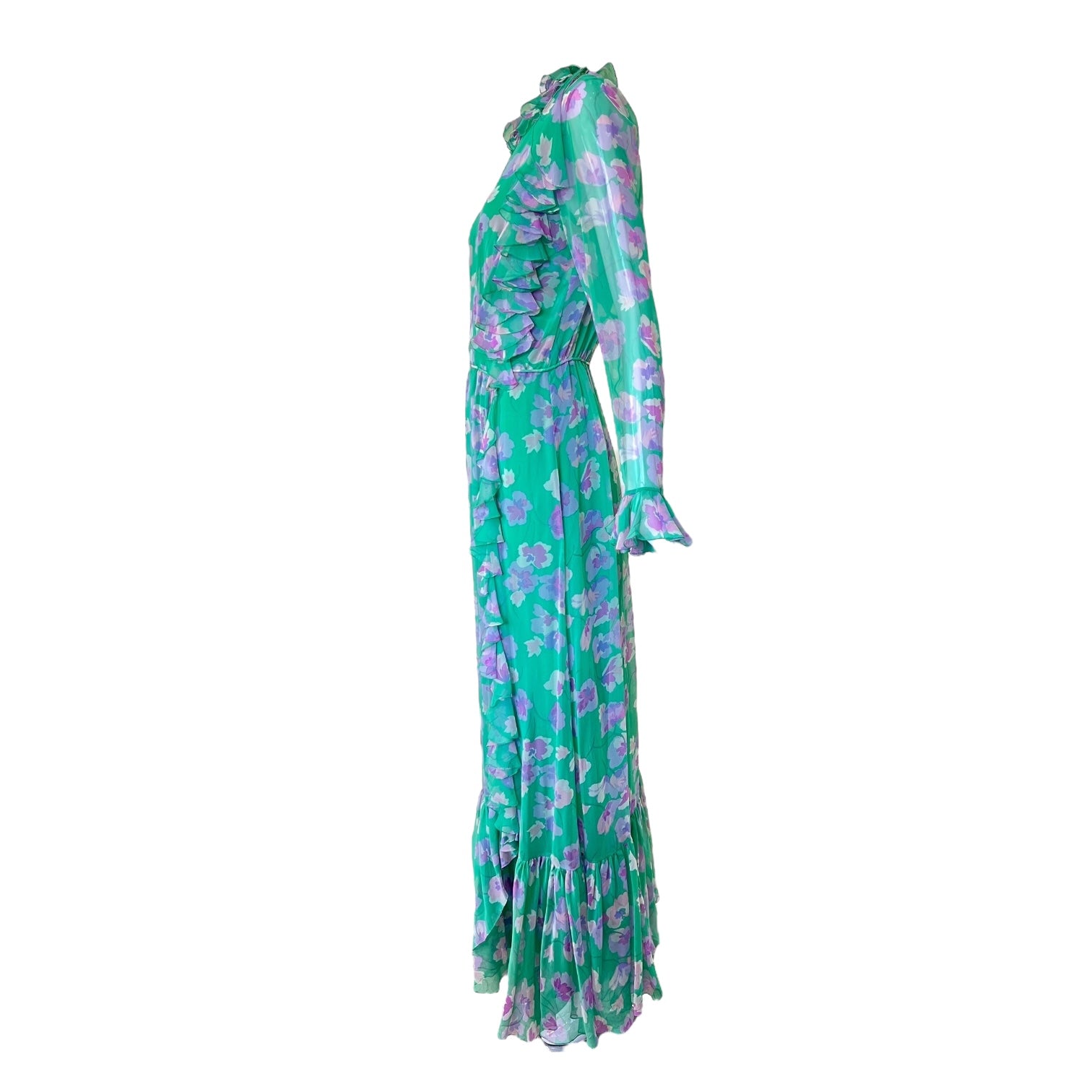 1970's Green Silk Chiffon Floral Maxi Dress w/Ruffles, side