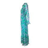 1970's Green Silk Chiffon Floral Maxi Dress w/Ruffles, side