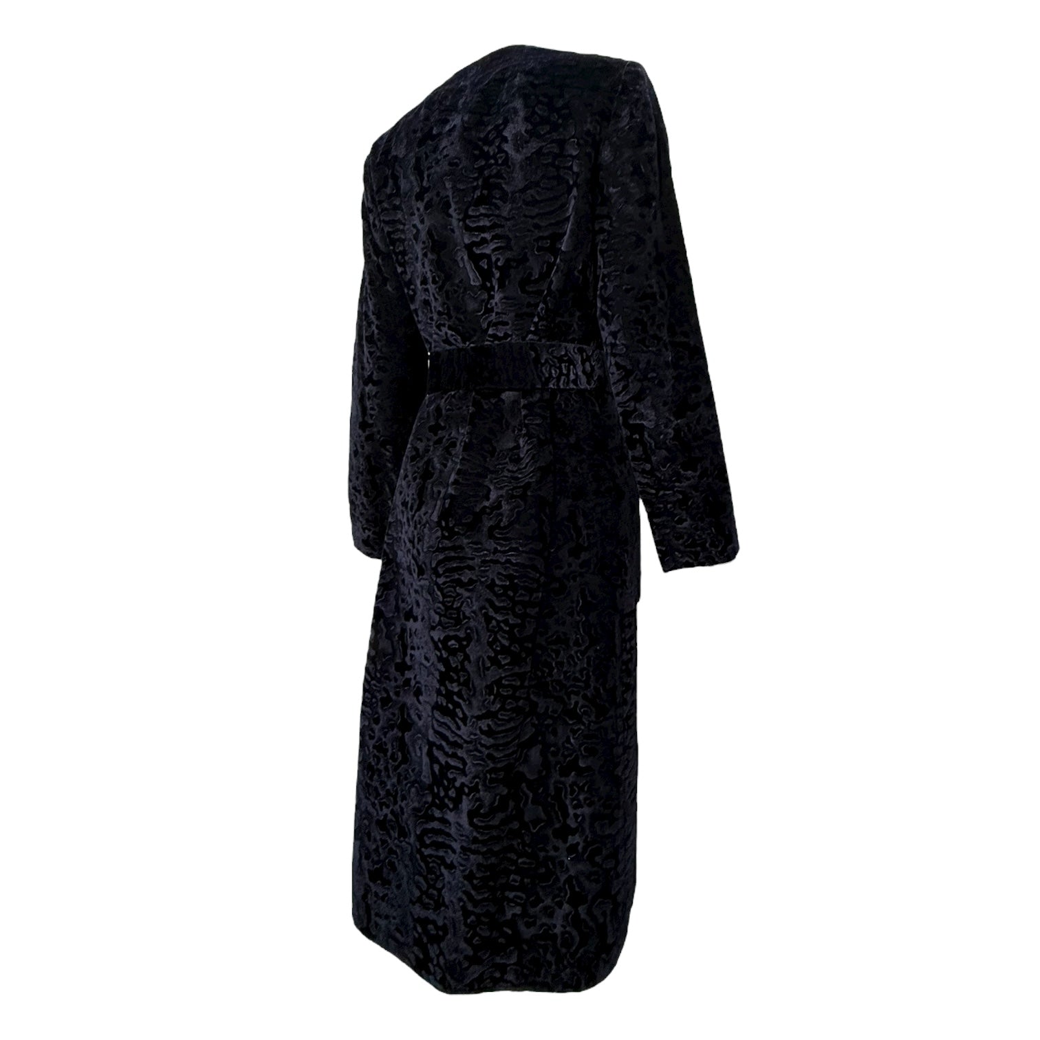 Bill Blass 1970s Black Animal Print Textured Velvet Belted Belted Coat, back side