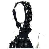 Alaia Winter 2022 Black Hooded Net Jersey Dress with Chrome Bauble Studs, hood