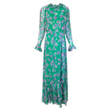 1970's Green Silk Chiffon Floral Maxi Dress w/Ruffles