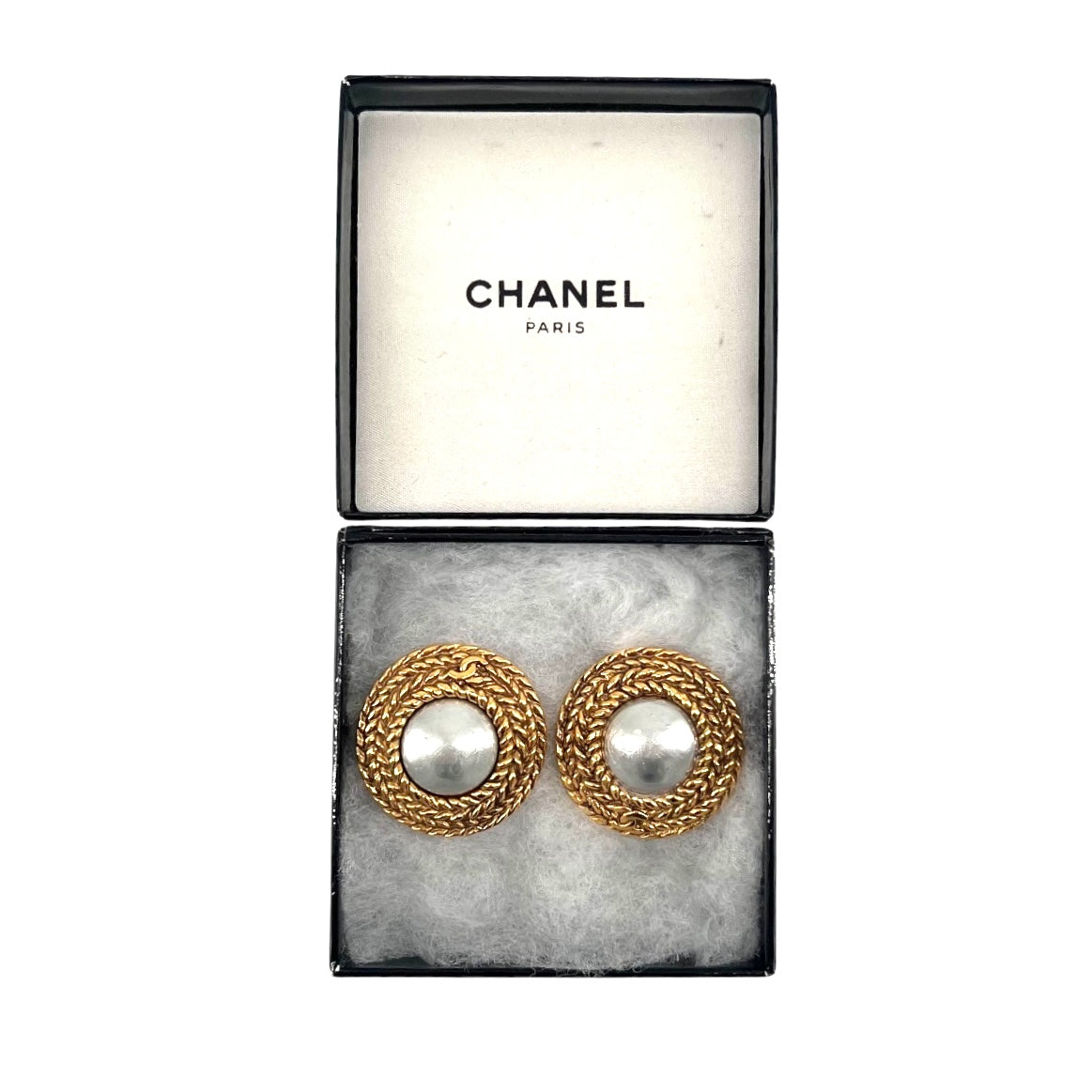 Chanel 1970's Gold Plated Faux Pearl Clip On Earrings with Box