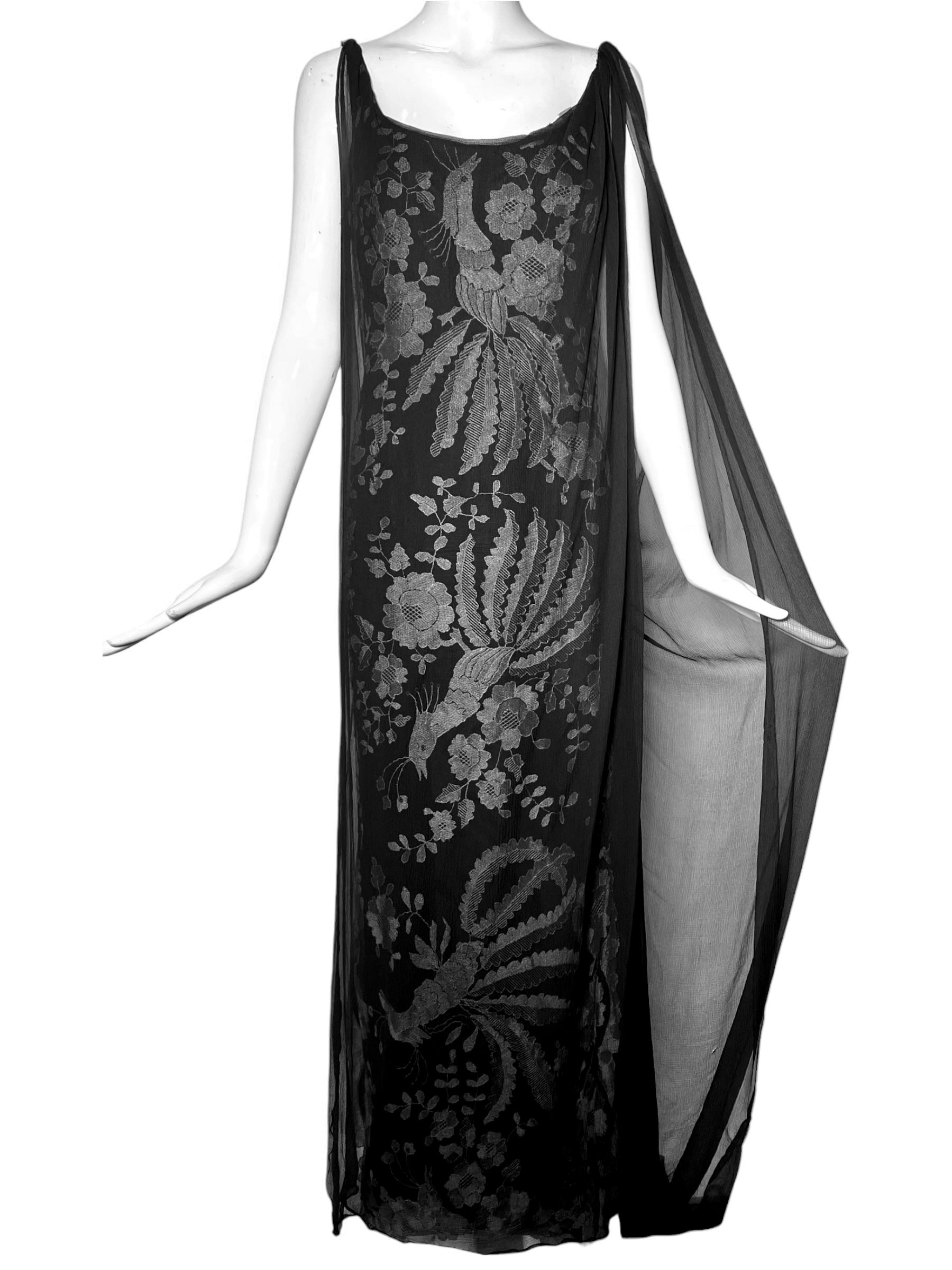 Galanos Black Embroidered Lace Gown Veiled with Chiffon Overlay and Train Galanos Black Embroidered Lace Gown Veiled with Chiffon Overlay and Train