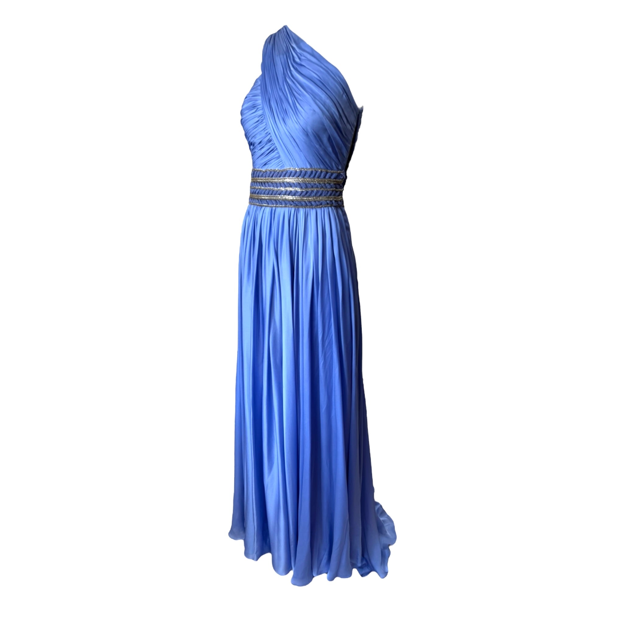 Lorena Sarbu Periwinkle Blue One Shoulder Grecian Goddess Gown, side