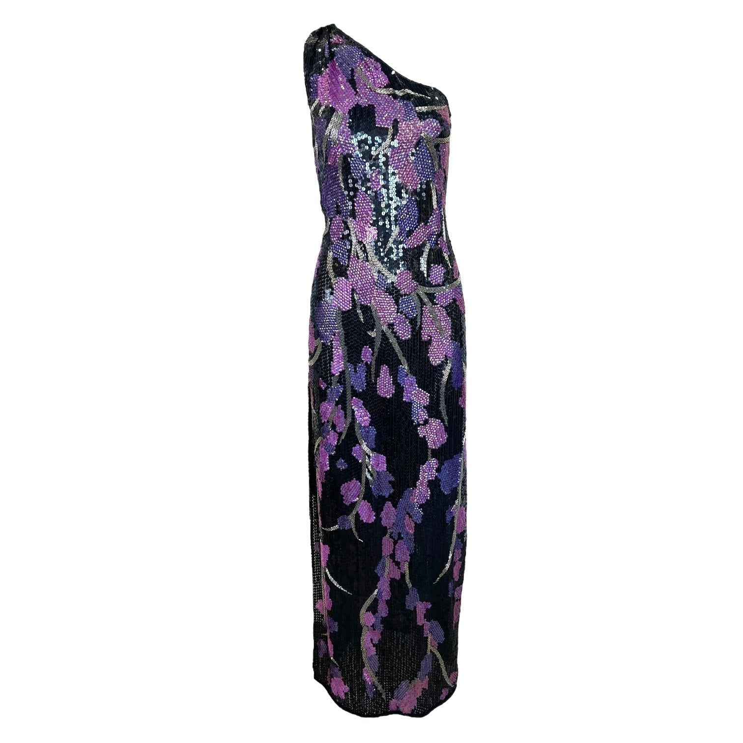 Riazee by Naeem Khan 1980's One Shoulder Black and Purple Sequin Gown