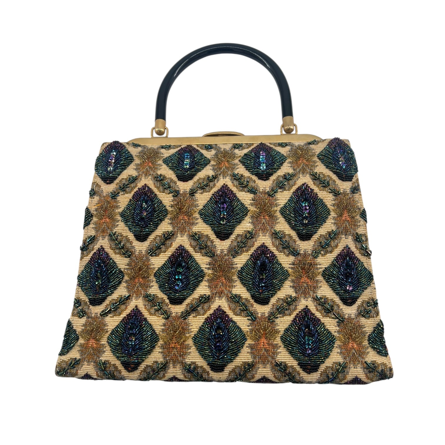 Elise Tu 1960's Beaded Peacock Tapestry Large Top Handle Handbag