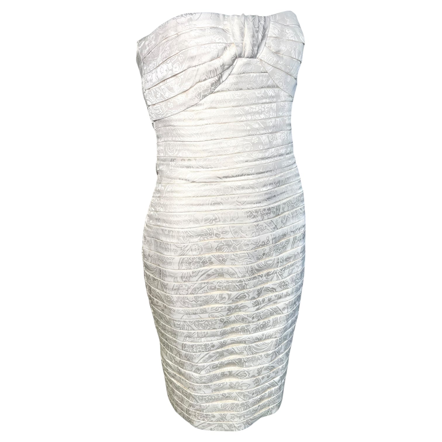 Lanvin 1980's Ivory Pleated Silk Jacquard Strapless Mini Dress, side