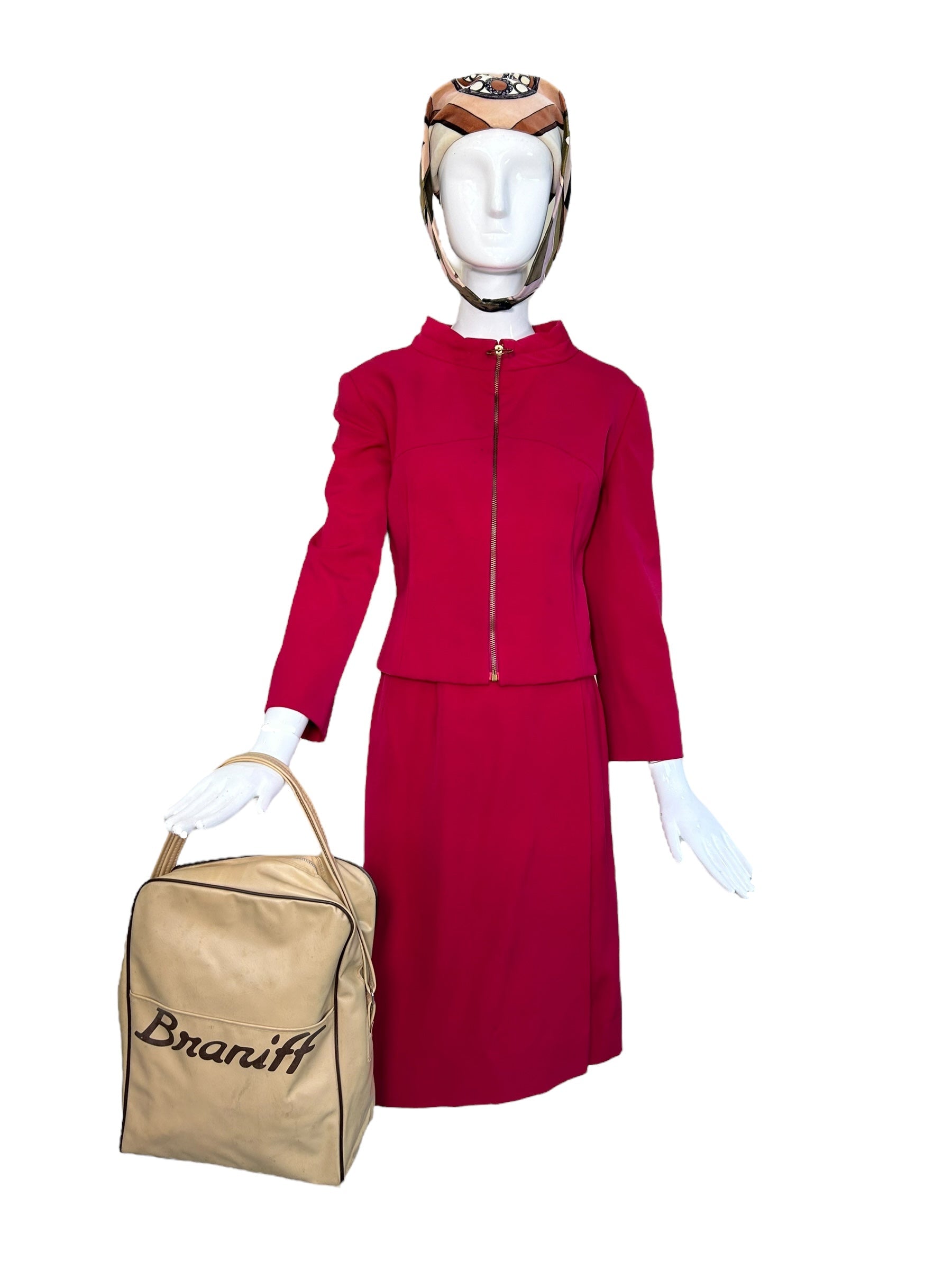 Emilio Pucci 1965 Hot Pink Braniff Stewardess Skirt Suit Uniform
