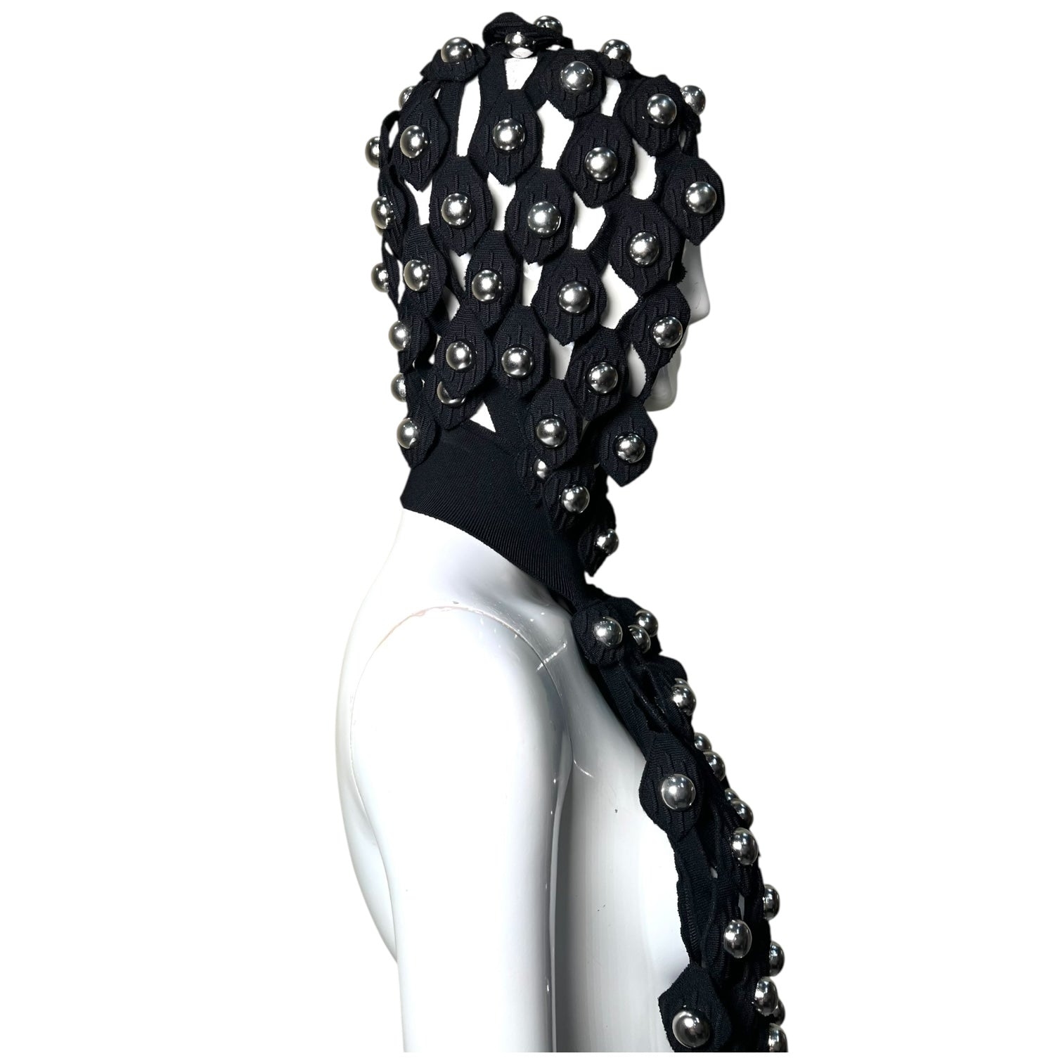 Alaia Winter 2022 Black Hooded Net Jersey Dress with Chrome Bauble Studs, hood side