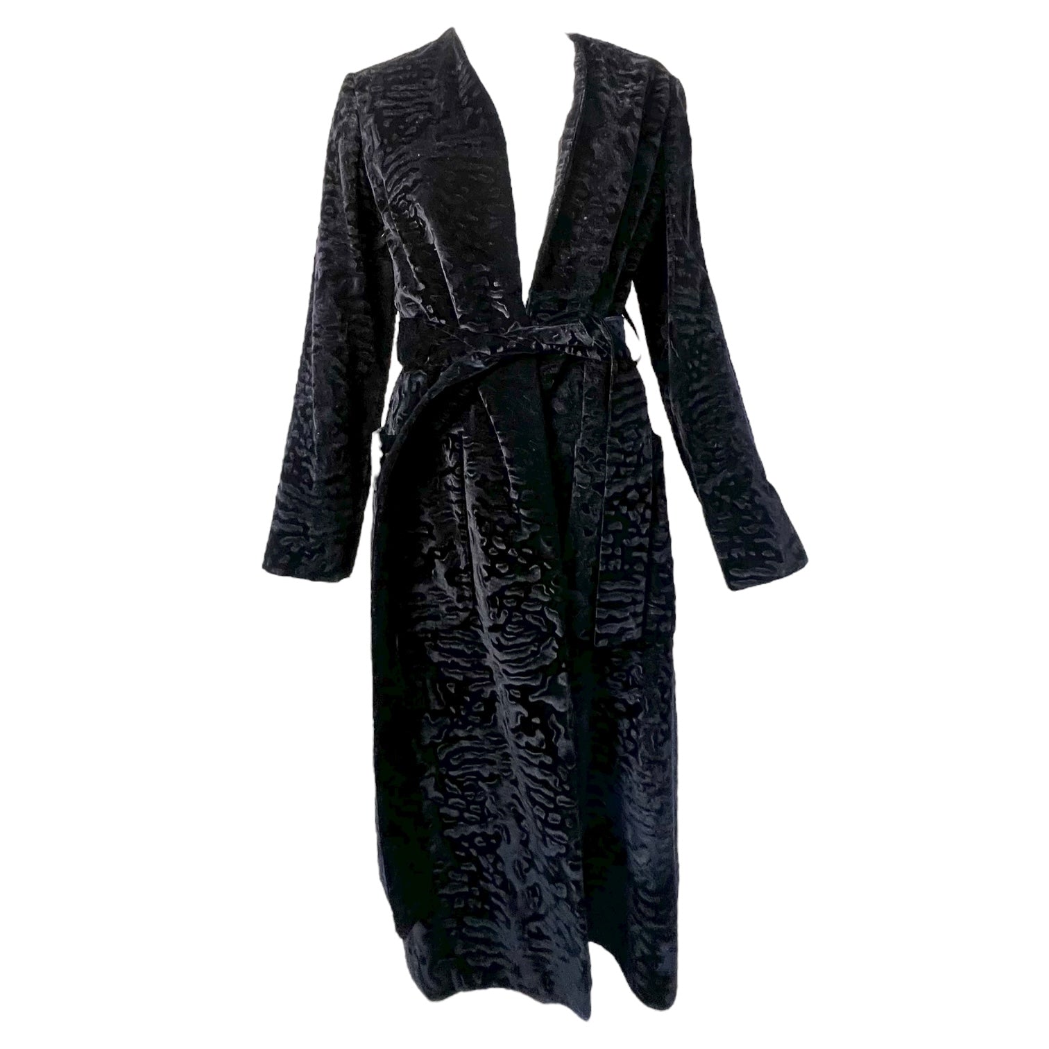 Bill Blass 1970s Black Animal Print Textured Velvet Belted Belted Coat, front