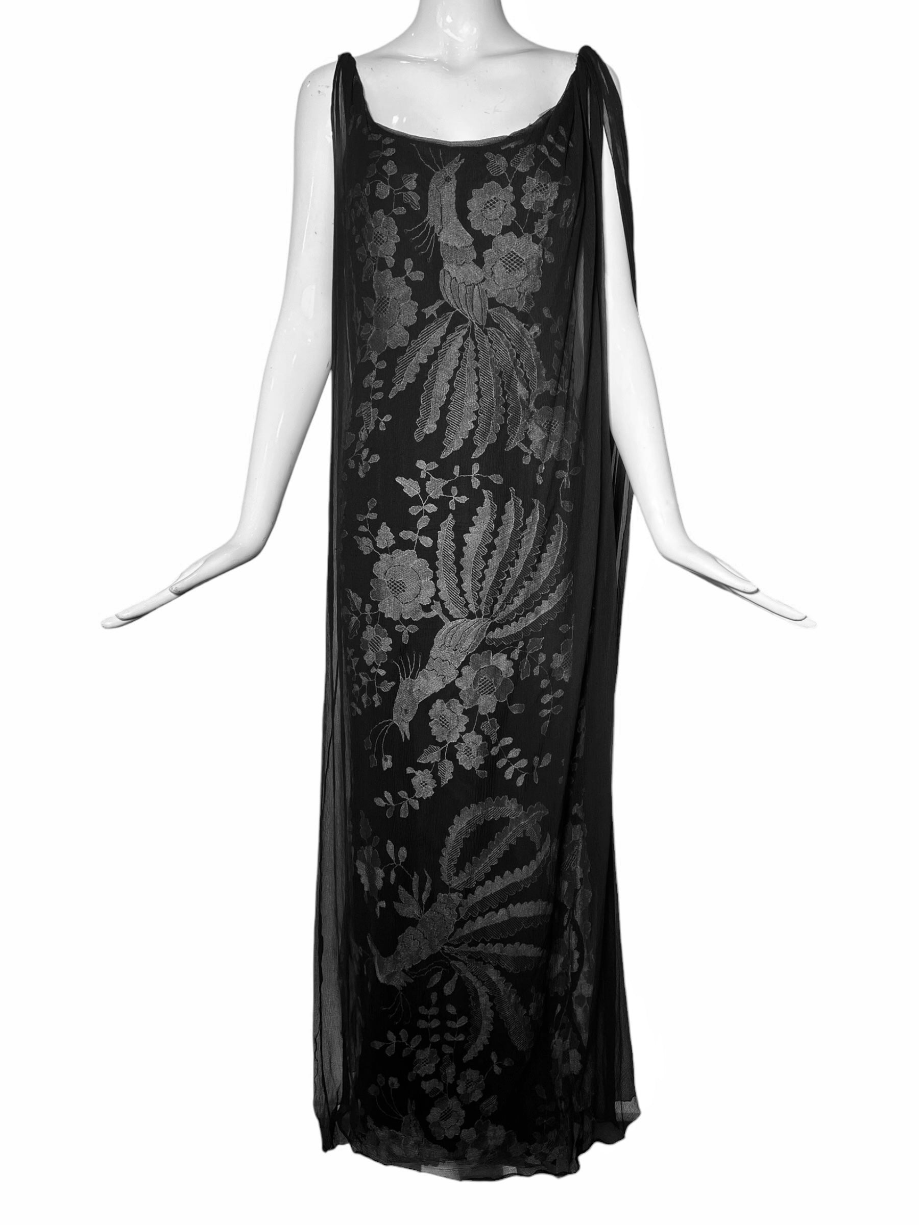 Galanos Black Embroidered Lace Gown Veiled with Chiffon Overlay and Train Galanos Black Embroidered Lace Gown Veiled with Chiffon Overlay and Train