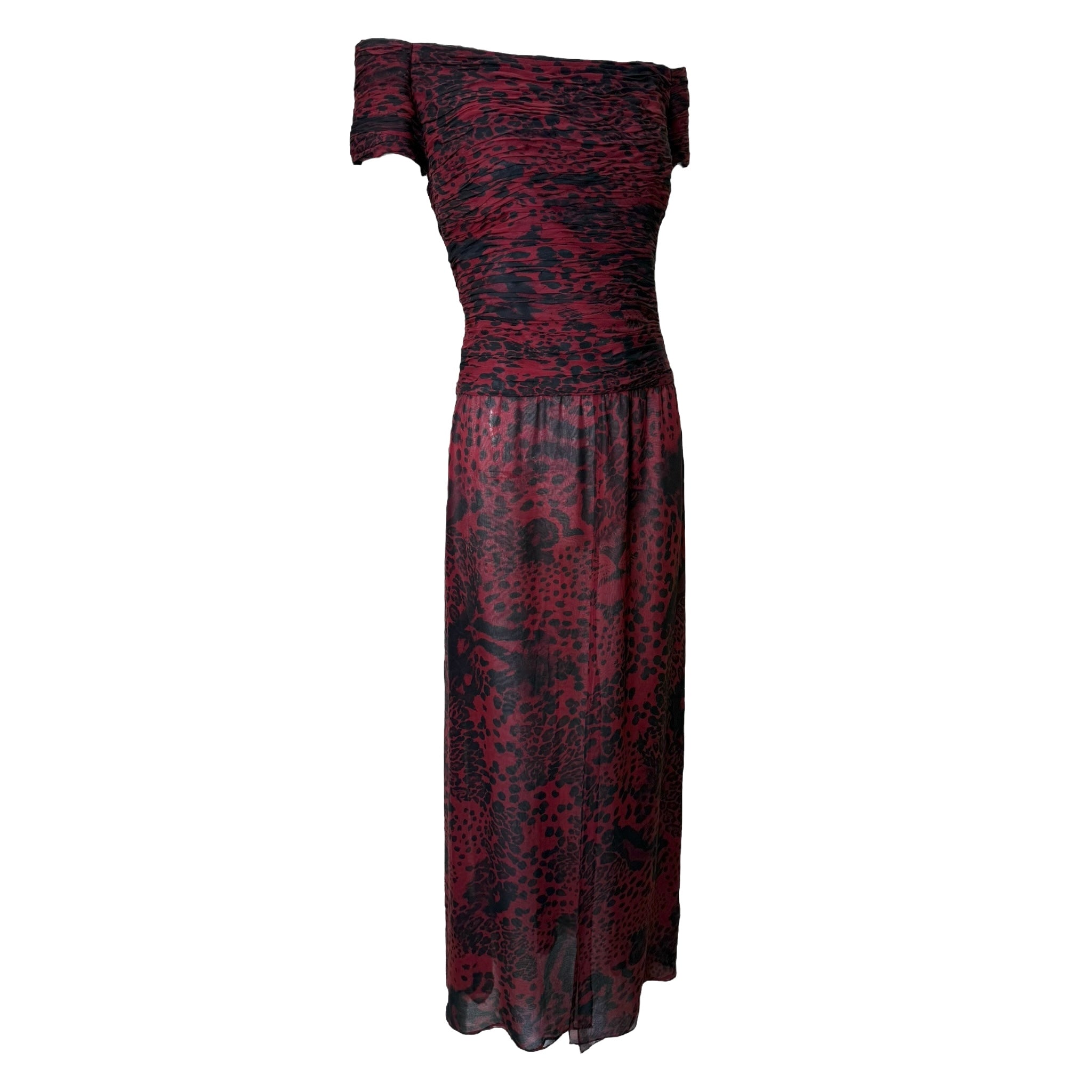 Rena Lange Red Leopard Print Silk Chiffon Off Shoulder Gown, side