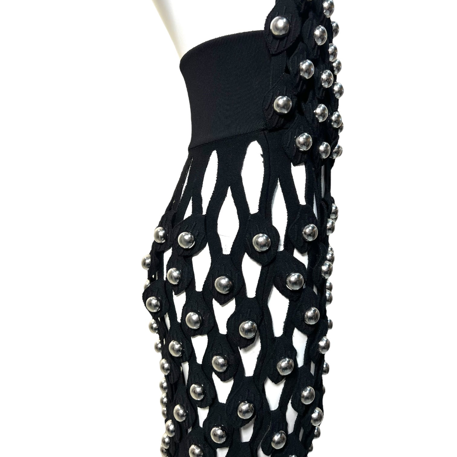 Alaia Winter 2022 Black Hooded Net Jersey Dress with Chrome Bauble Studs, side skirt