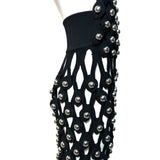 Alaia Winter 2022 Black Hooded Net Jersey Dress with Chrome Bauble Studs, side skirt