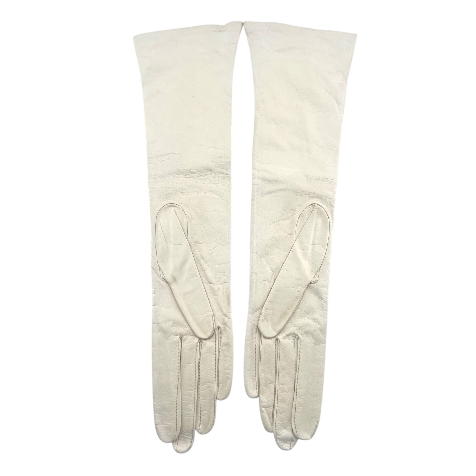 Christian Dior 1960's "Les Gants" Ivory Leather Gloves, Original Packaging, laid out reverse