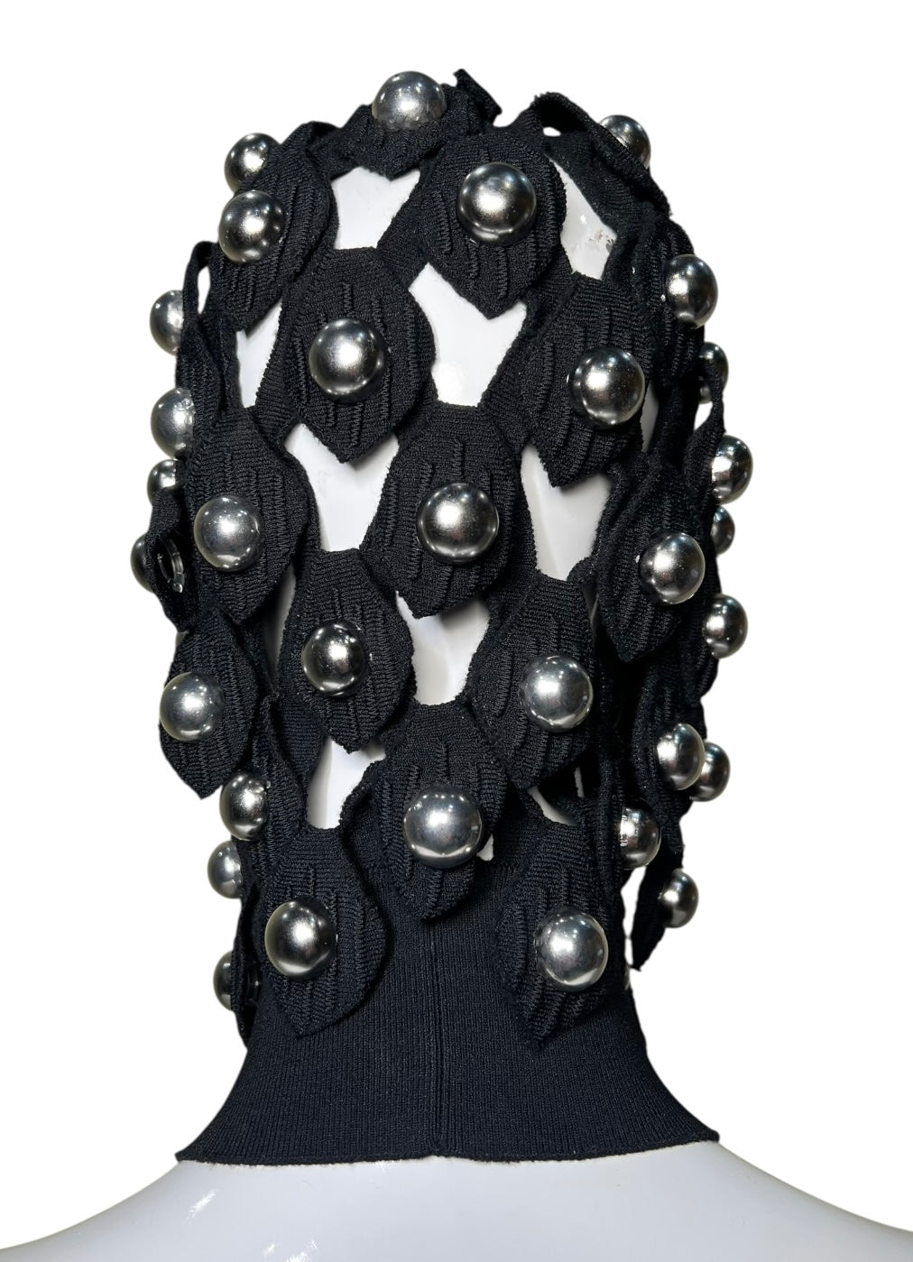Alaia Winter 2022 Black Hooded Net Jersey Dress with Chrome Bauble Studs, hood back