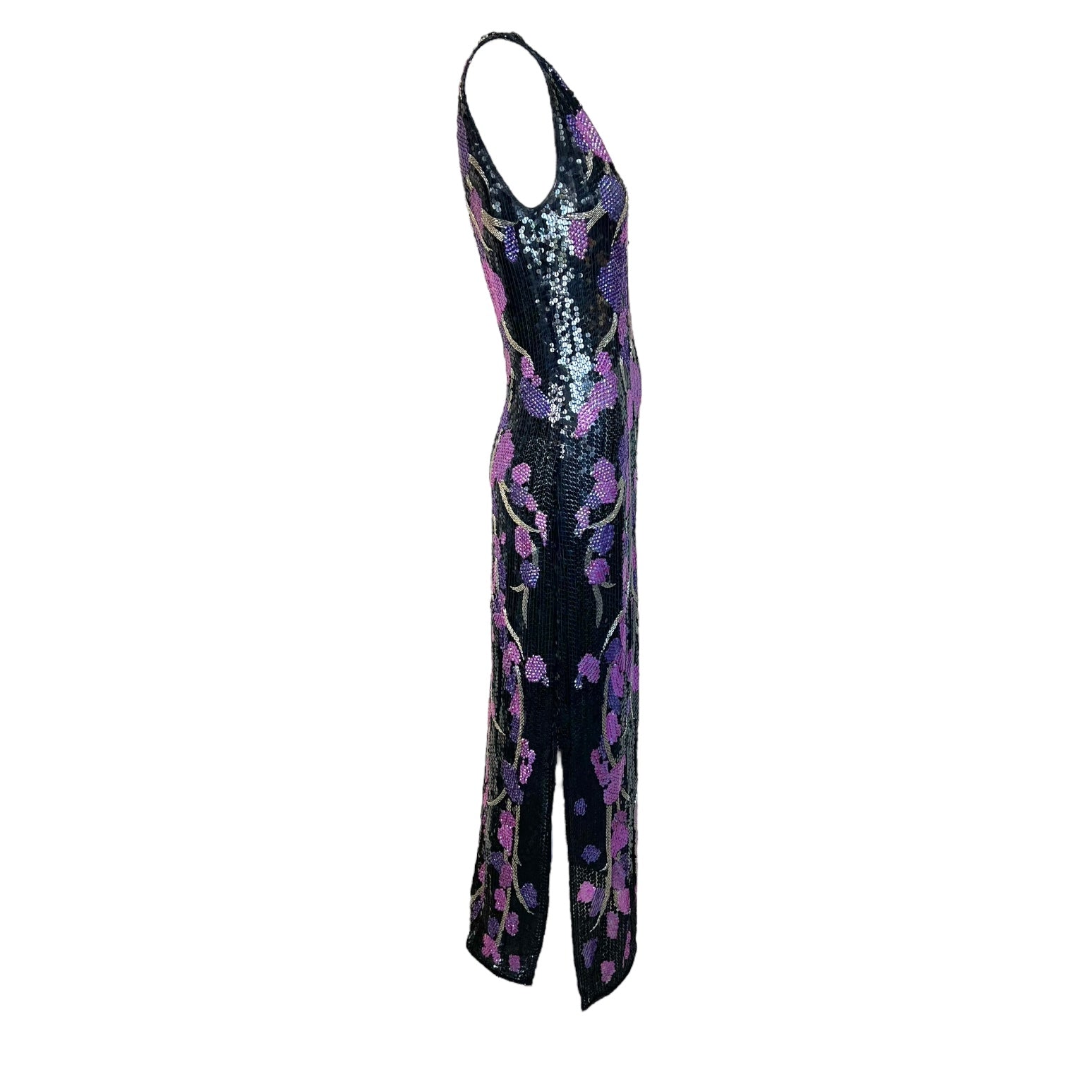 Riazee by Naeem Khan 1980's One Shoulder Black and Purple Sequin Gown, side 2