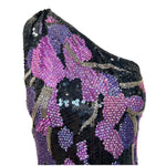 Riazee by Naeem Khan 1980's One Shoulder Black and Purple Sequin Gown, side