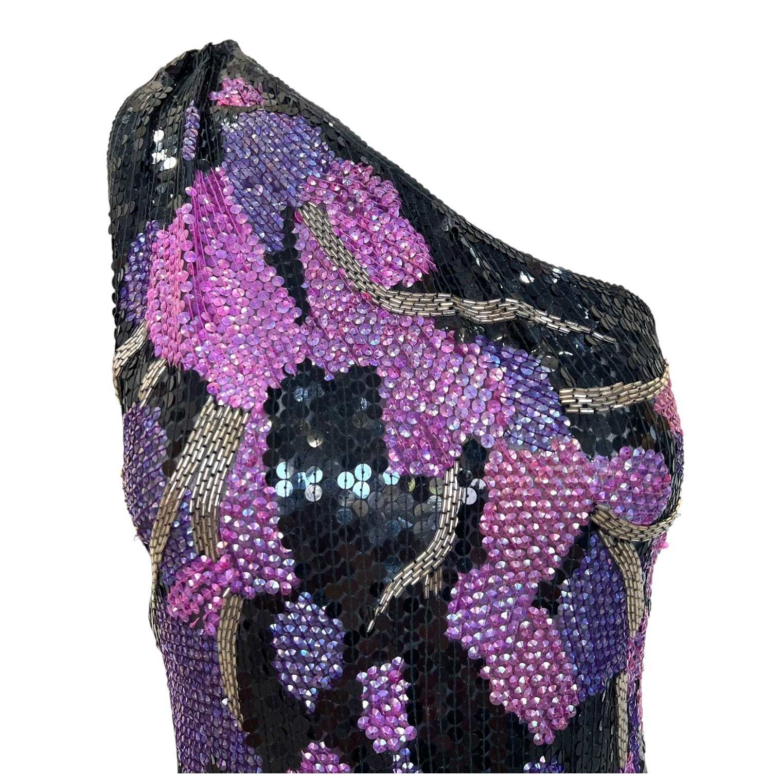 Riazee by Naeem Khan 1980's One Shoulder Black and Purple Sequin Gown, side