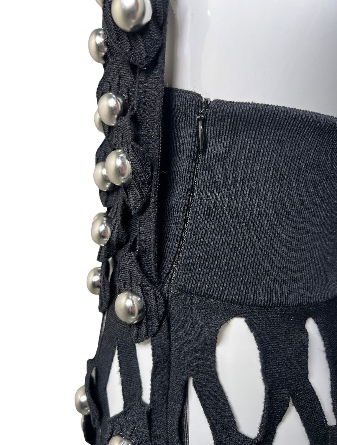 Alaia Winter 2022 Black Hooded Net Jersey Dress with Chrome Bauble Studs, zipper