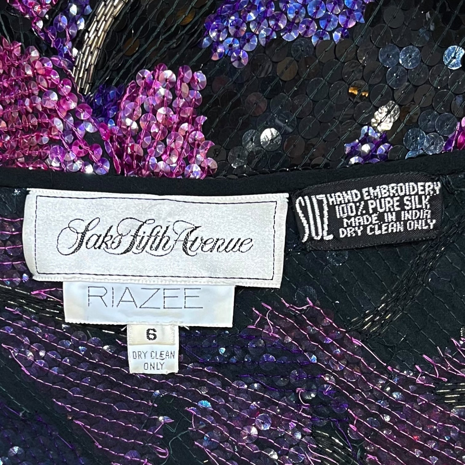 Riazee by Naeem Khan 1980's One Shoulder Black and Purple Sequin Gown, label