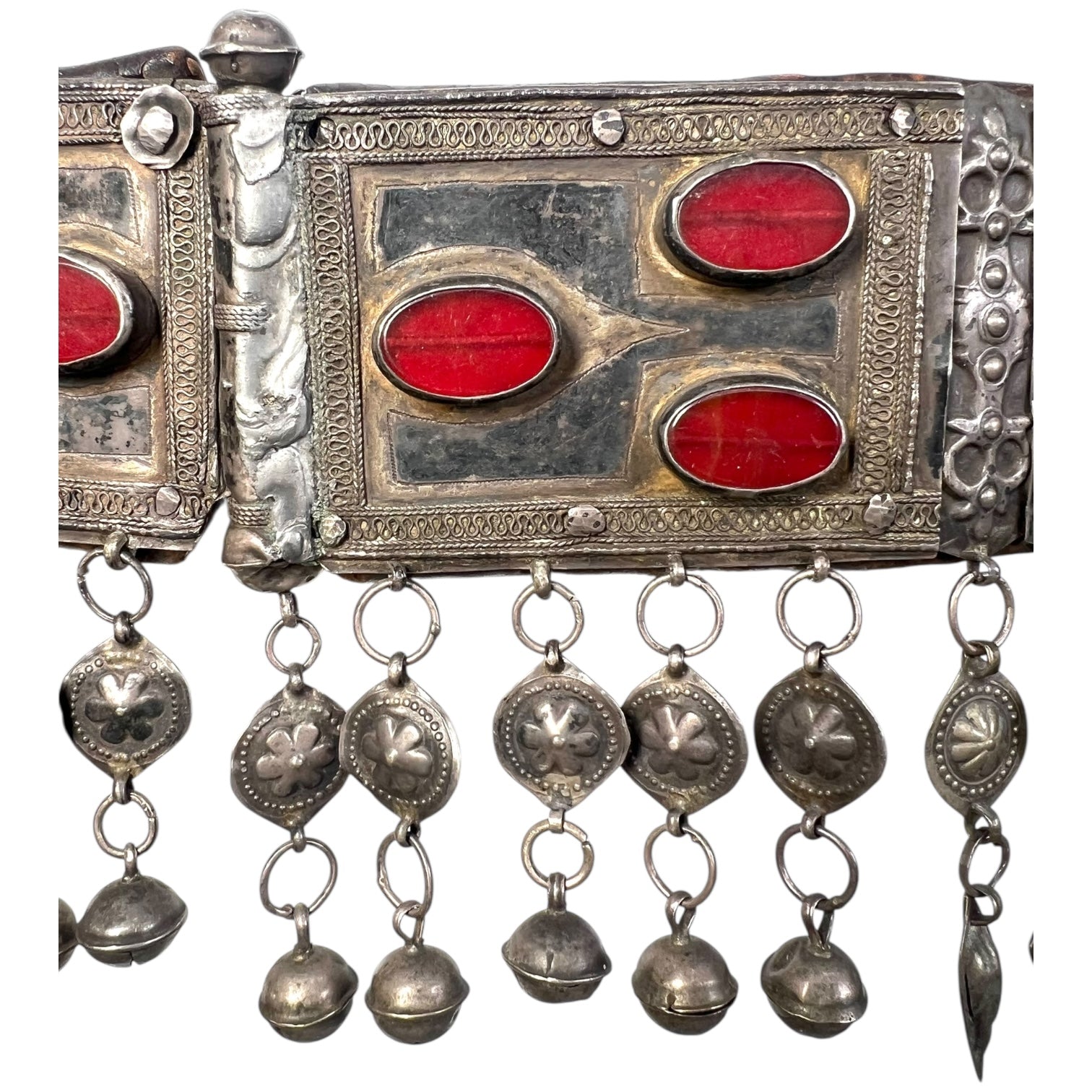 19th Century Teke Turkmen Silver and Carnelian Pendant Wedding Belt, detail