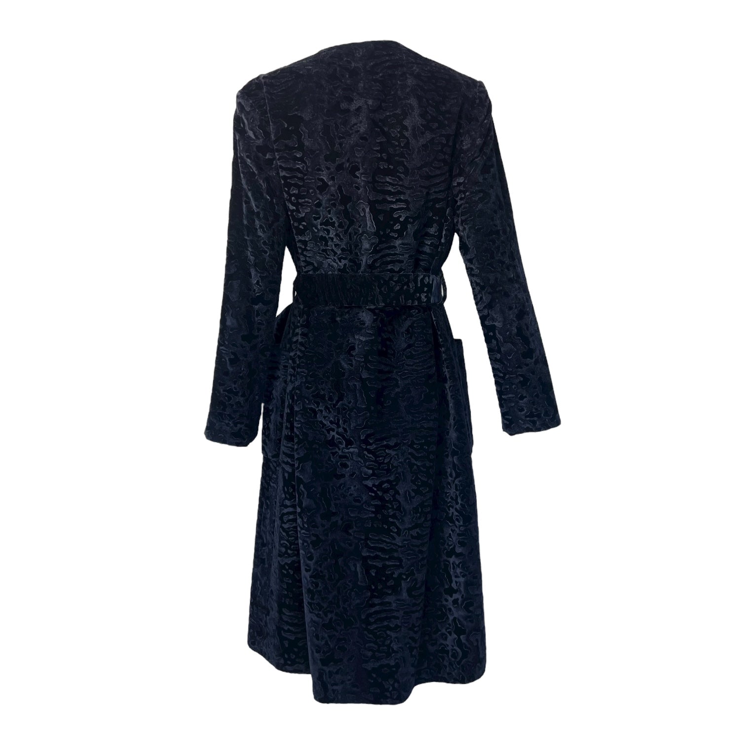 Bill Blass 1970s Black Animal Print Textured Velvet Belted Belted Coat, back