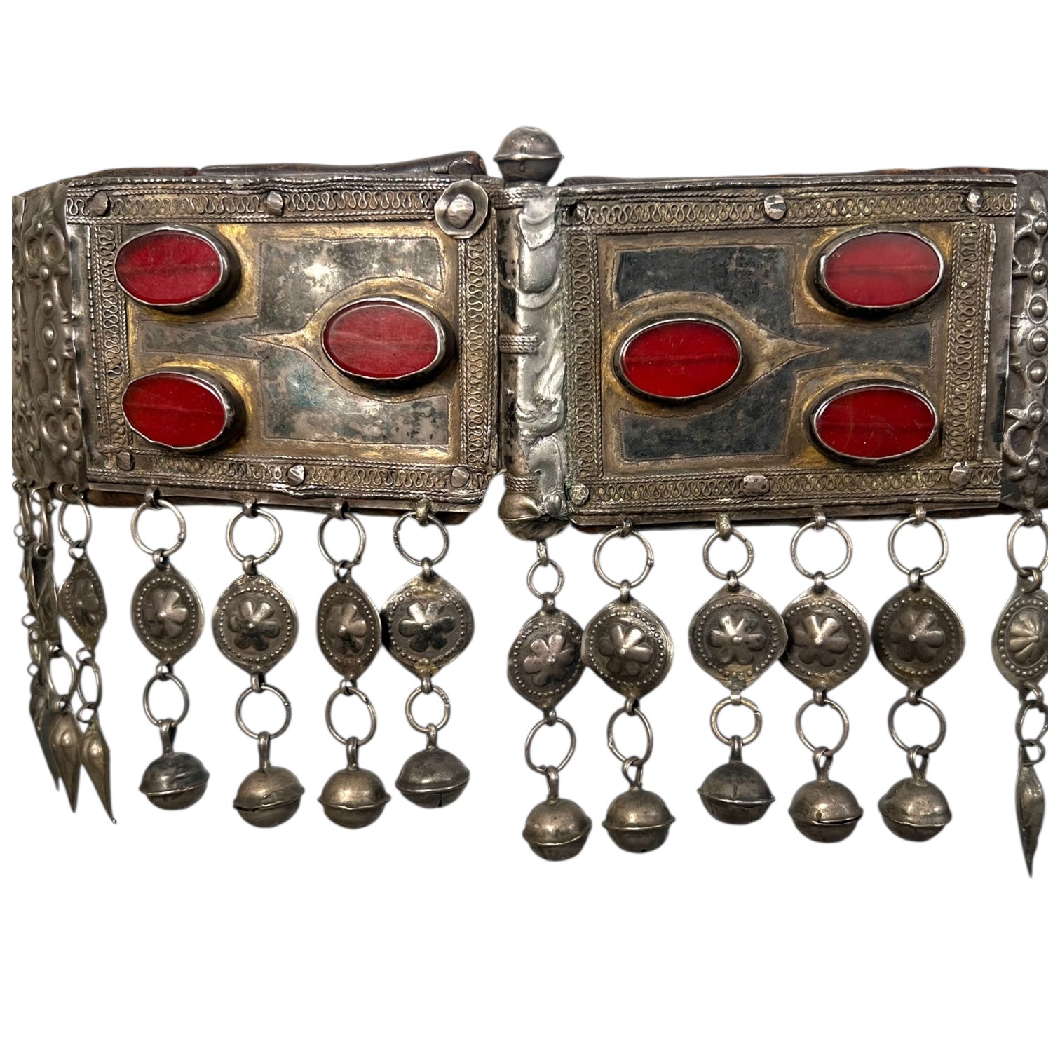 19th Century Teke Turkmen Silver and Carnelian Pendant Wedding Belt, front