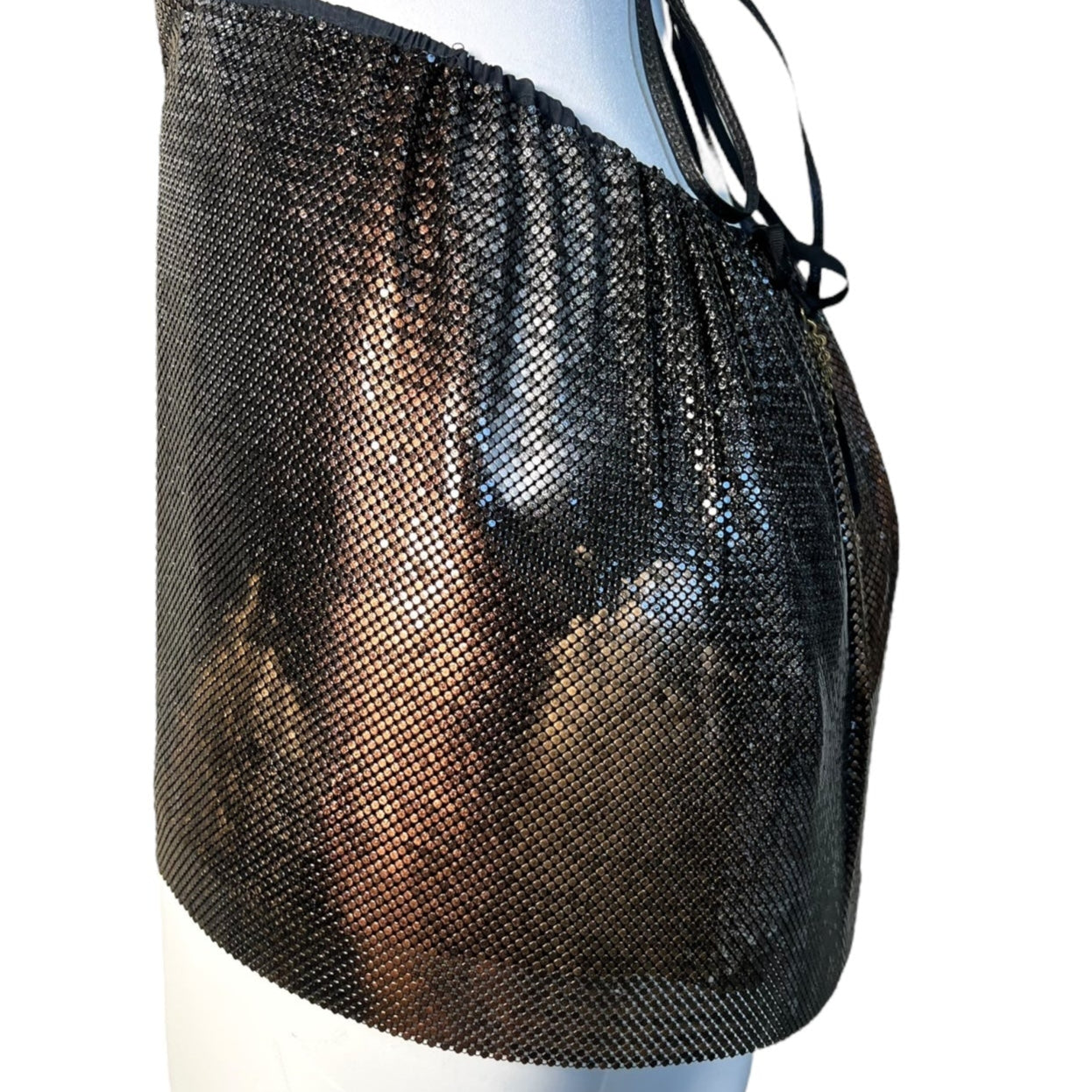 Ferrara Bronzed Metallic Enamel Mesh Slinky Halter Mini Dress Ferrara Bronzed Metallic Enamel Mesh Slinky Halter Mini Dress