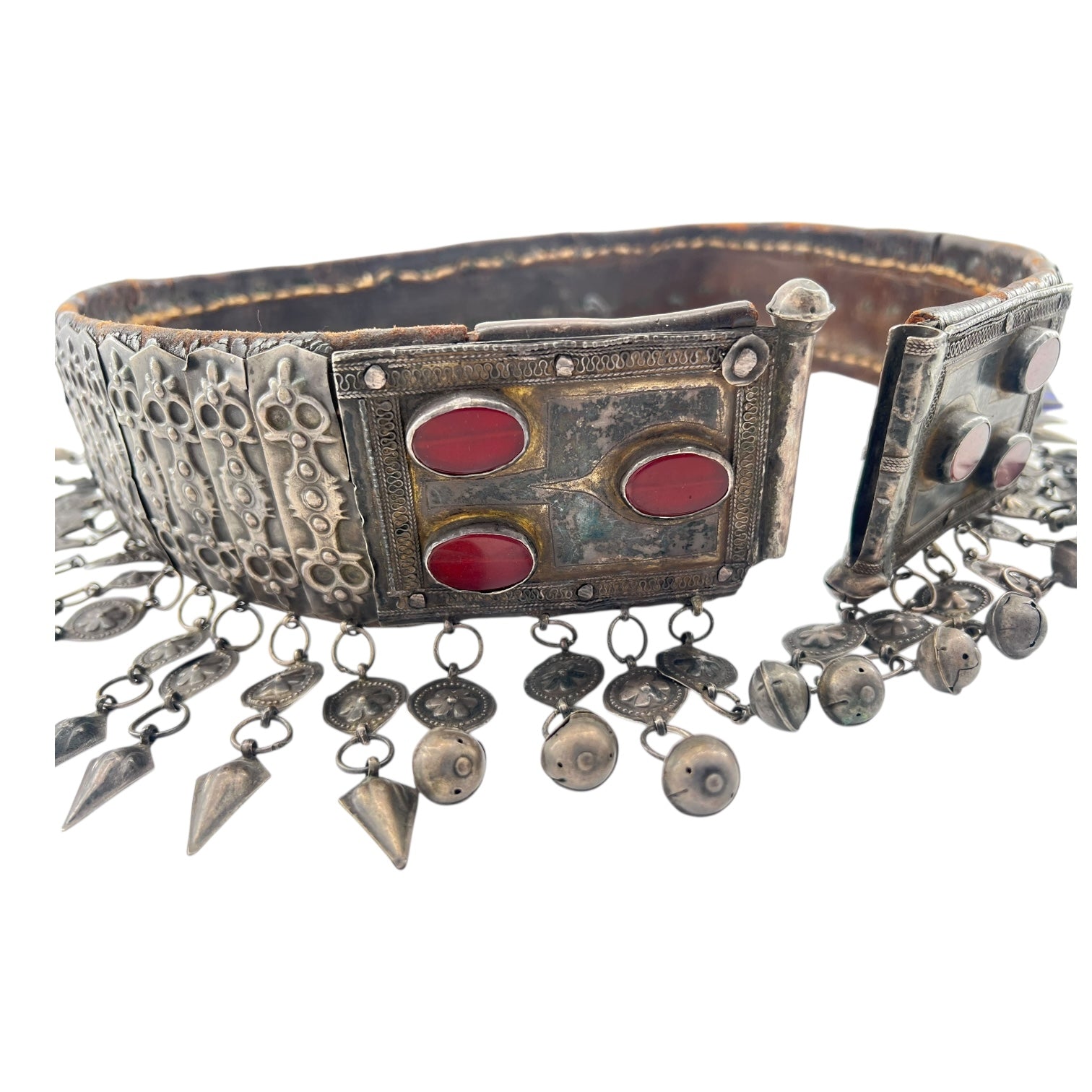 19th Century Teke Turkmen Silver and Carnelian Pendant Wedding Belt, side open