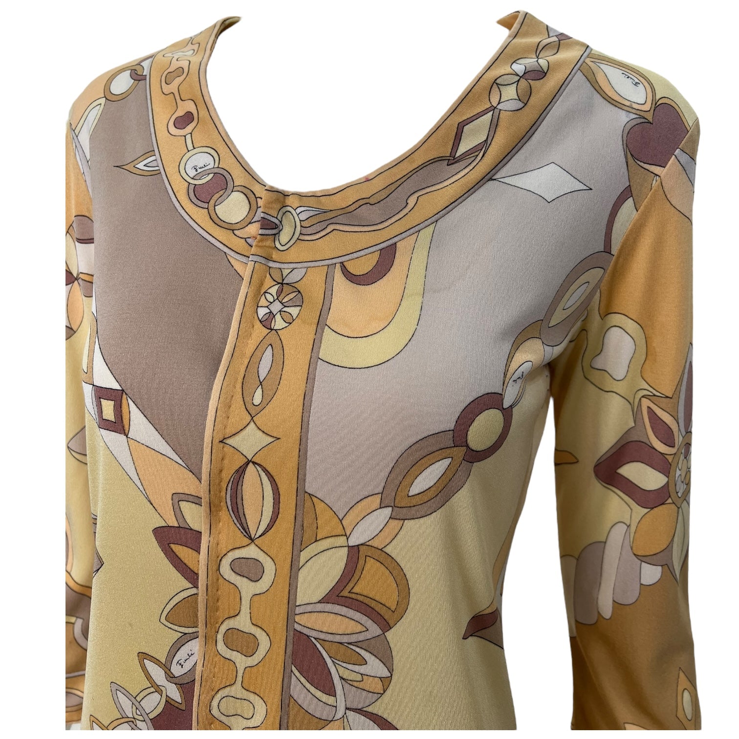 Pucci 1970's Yellow and Tan Printed Silk Jersey Blouse, top