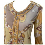 Pucci 1970's Yellow and Tan Printed Silk Jersey Blouse, top