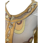 Pucci 1970's Yellow and Tan Printed Silk Jersey Blouse, neck