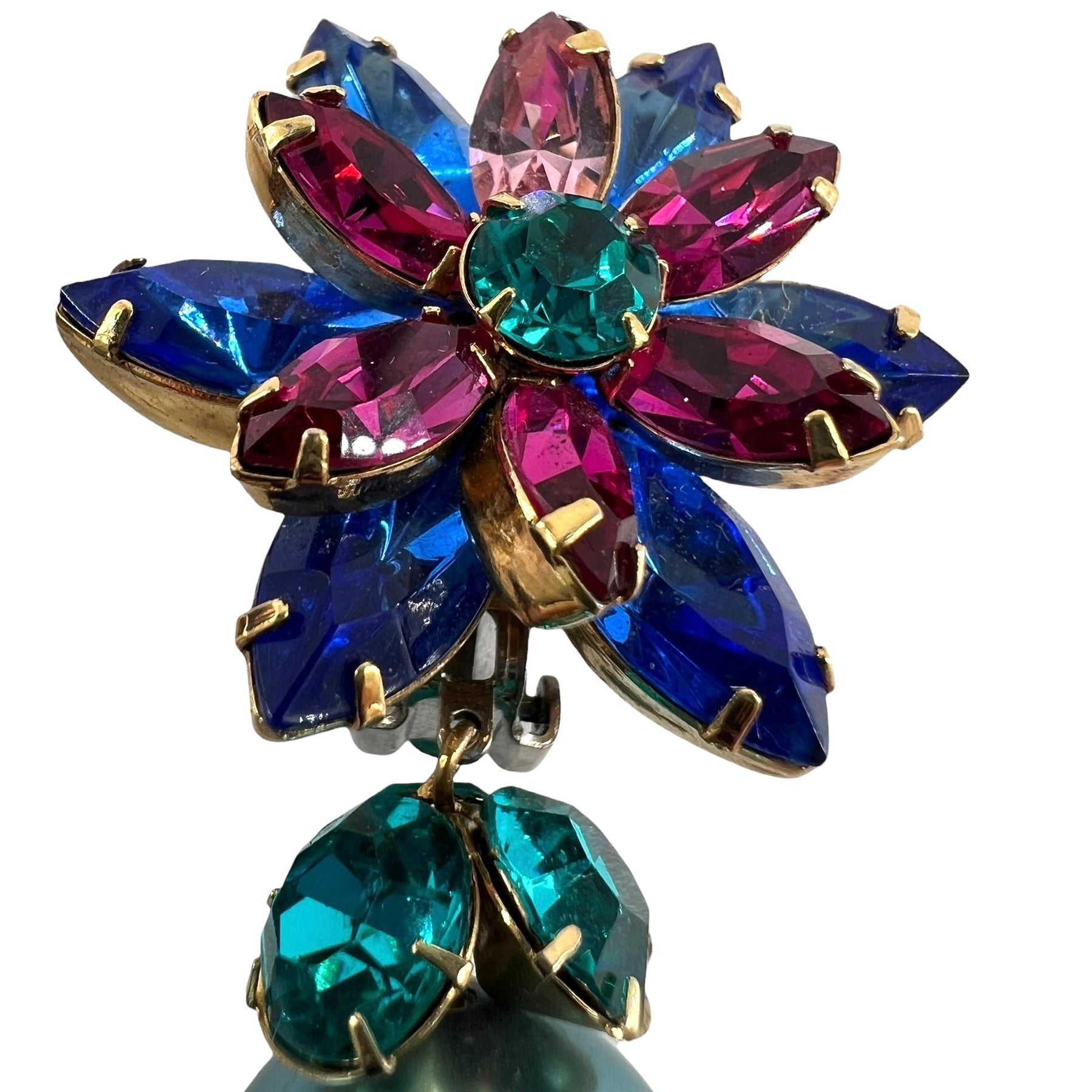 Mistar Bijoux 1980's Magenta and Blue Rhinestone Drop Earrings, top