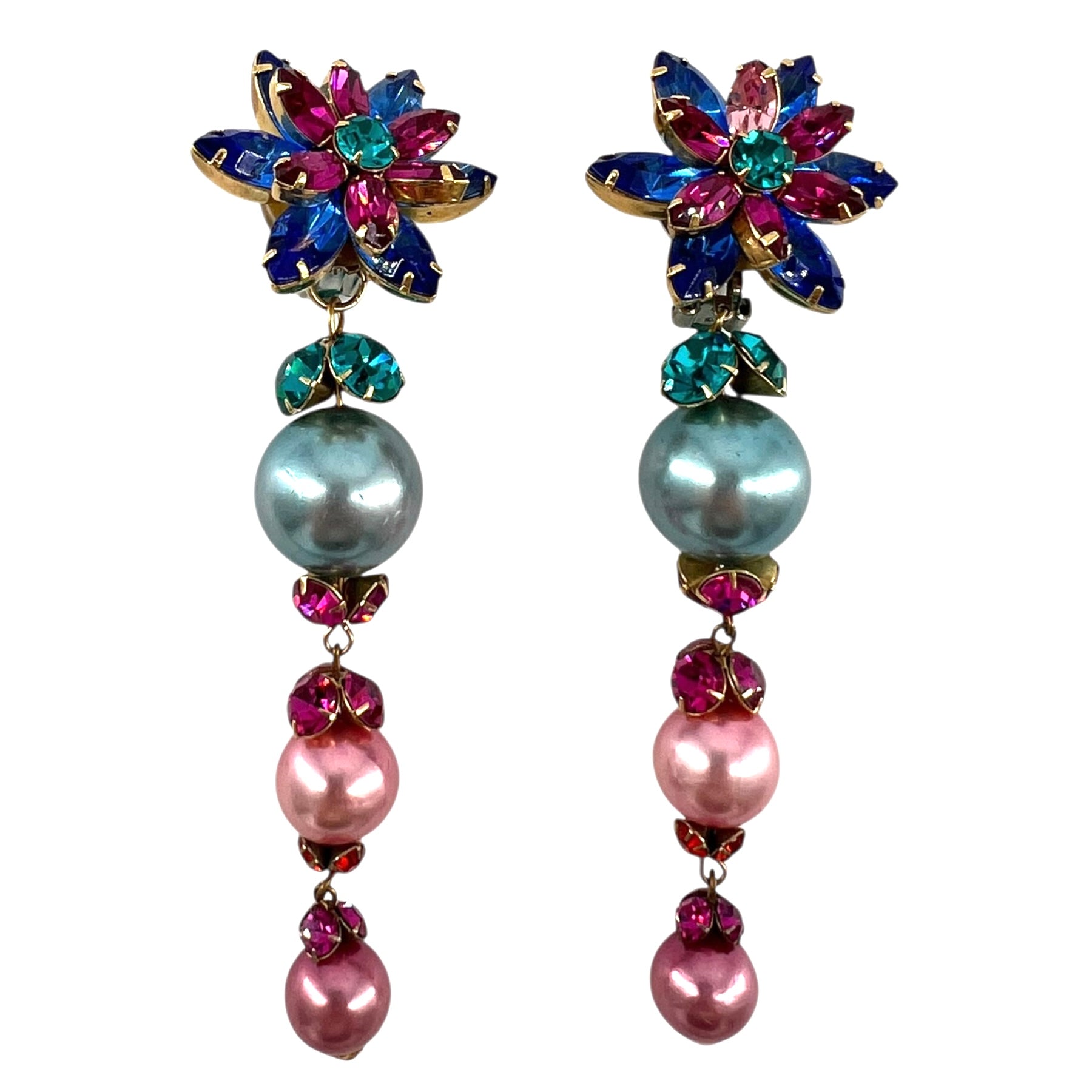 Mistar Bijoux 1980's Magenta and Blue Rhinestone Drop Earrings